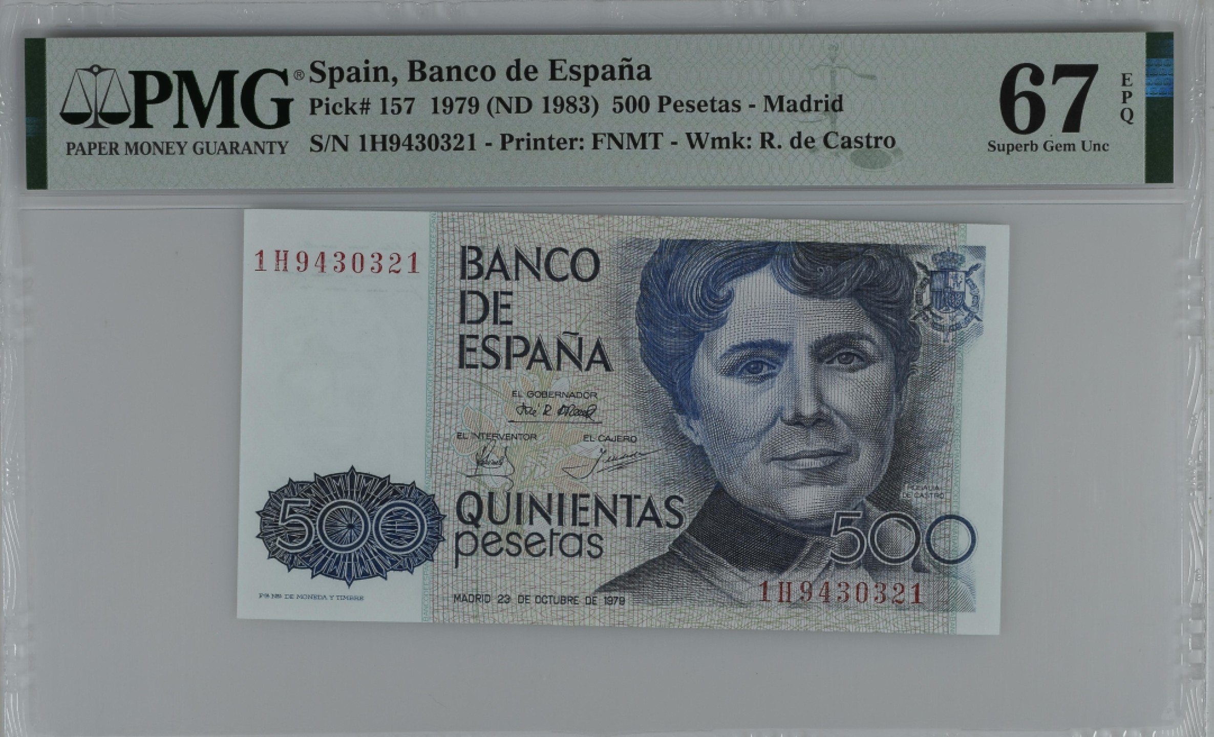 紫瑗钱币——第284期拍卖—纸币团购场 满10件包邮 【67 EPQ】西班牙 1979(1983)年 罗莎莉亚·德·卡斯特罗 500比塞塔 PMG 1H9430321