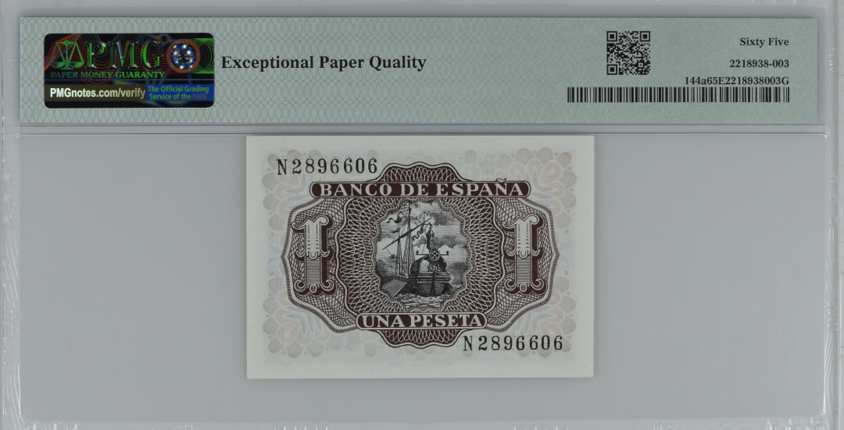紫瑗钱币——第284期拍卖—纸币团购场 满10件包邮 【65 EPQ】西班牙 1953年  圣克鲁斯侯爵 阿尔瓦罗·德·巴赞 1比塞塔 PMG N2896606
