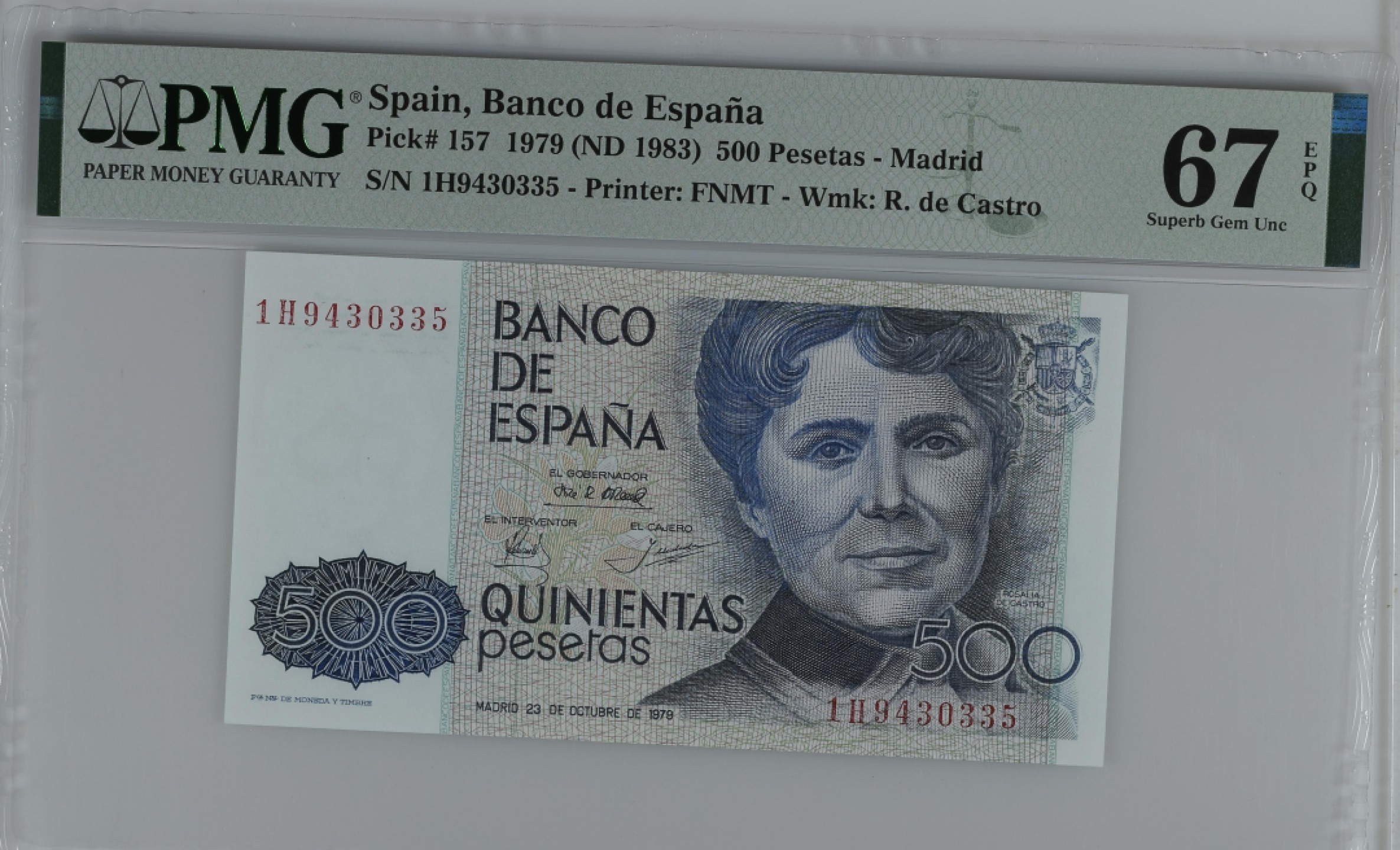 紫瑗钱币——第284期拍卖—纸币团购场 满10件包邮 【67 EPQ】西班牙 1979(1983)年 罗莎莉亚·德·卡斯特罗 500比塞塔 PMG 1H9430335