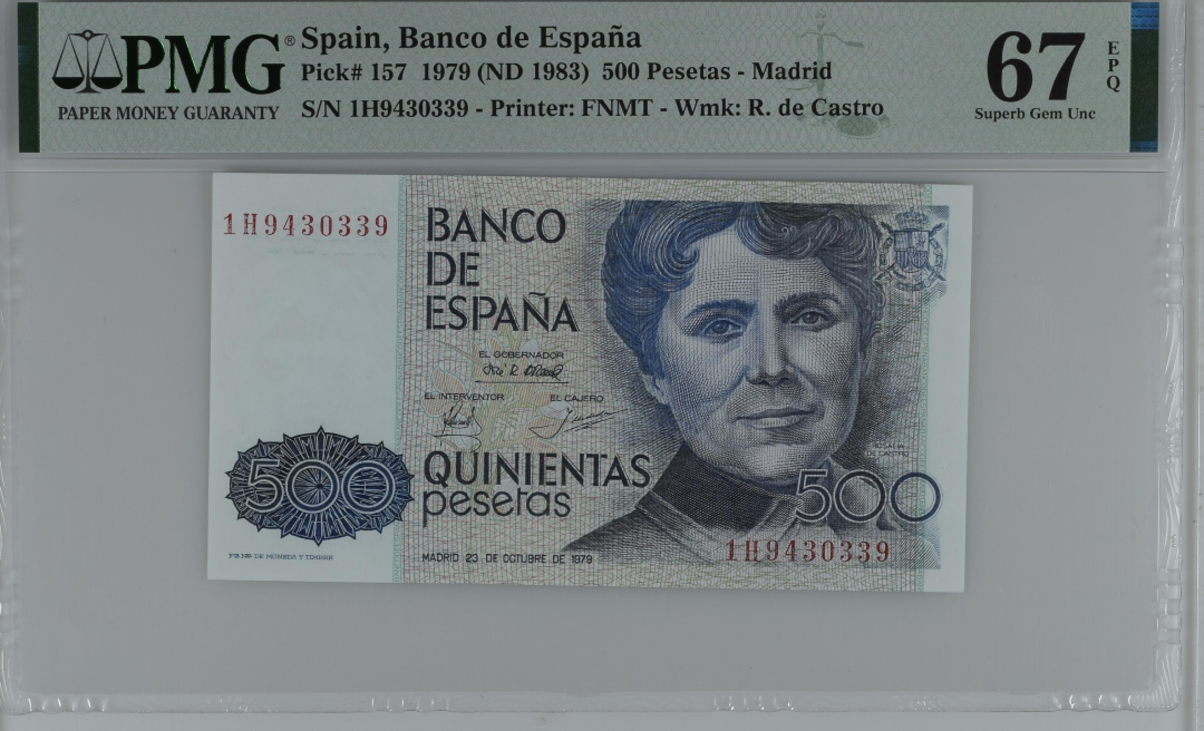 紫瑗钱币——第284期拍卖—纸币团购场 满10件包邮 【67 EPQ】西班牙 1979(1983)年 罗莎莉亚·德·卡斯特罗 500比塞塔 PMG 1H9430339