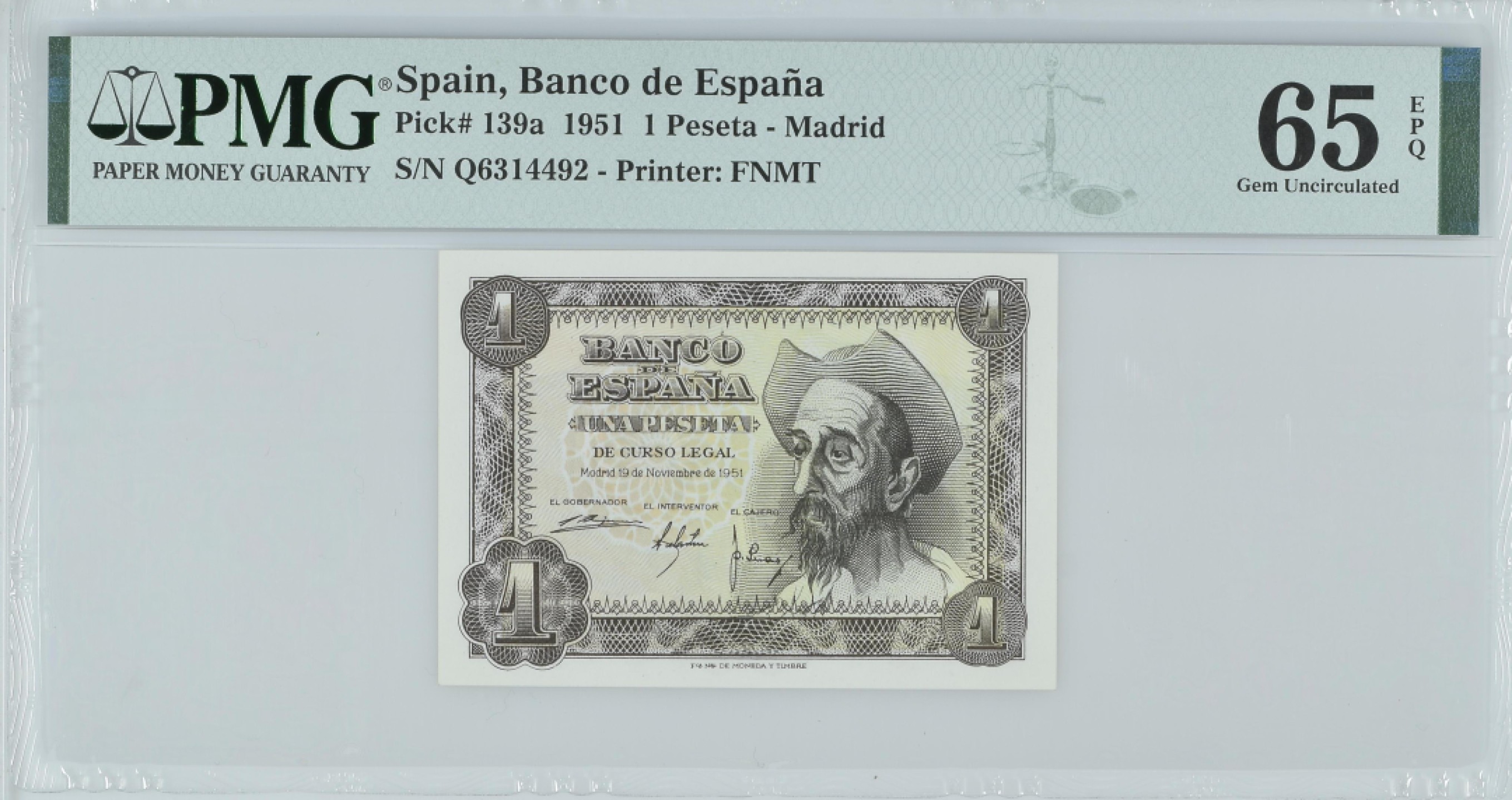 紫瑗钱币——第282期拍卖—纸币团购场（塞尔维亚 西班牙） 满10件包邮 【65 EPQ】西班牙 1951年 唐吉坷德 1比塞塔 PMG (p-139a) Q6314492