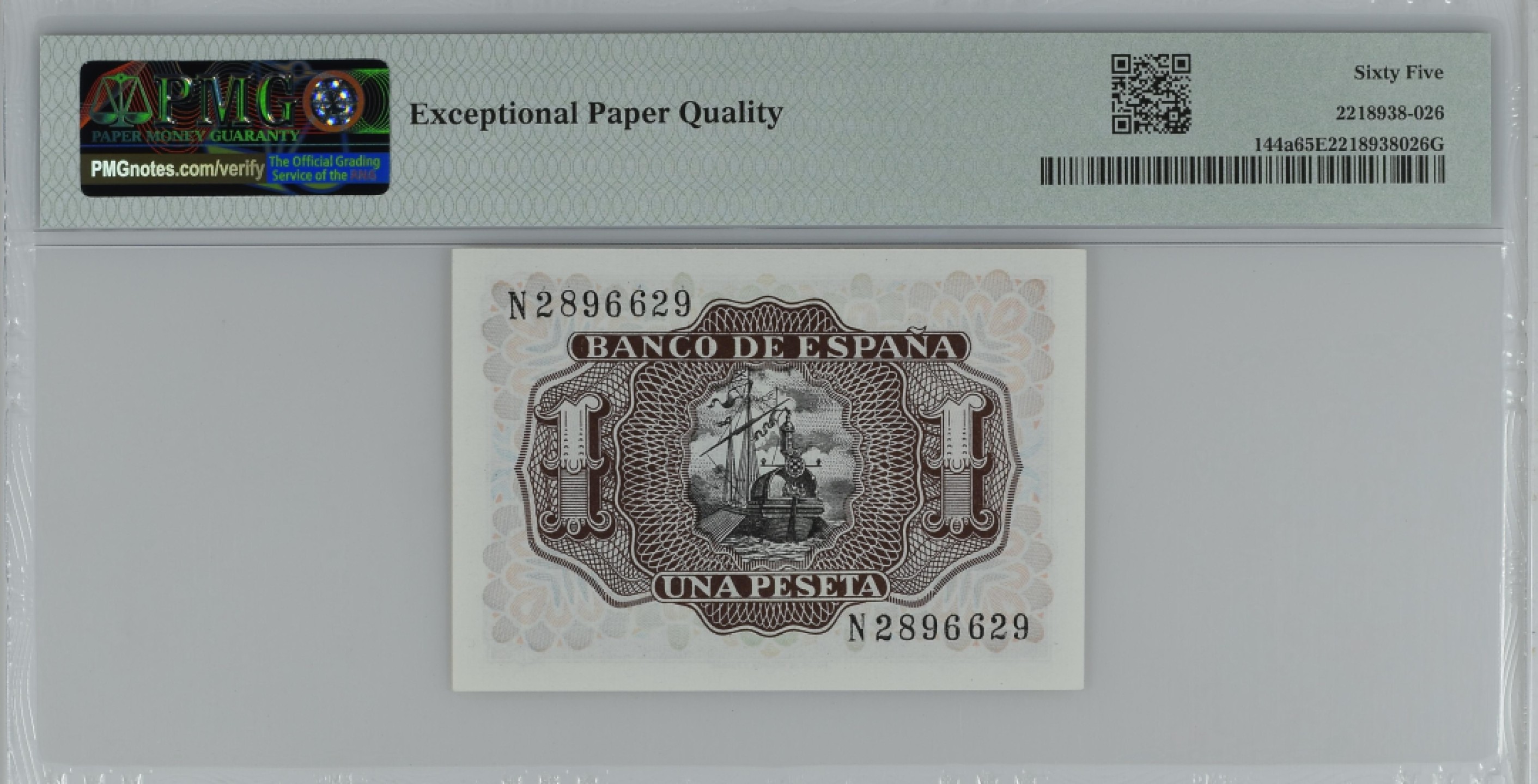 紫瑗钱币——第284期拍卖—纸币团购场 满10件包邮 【65 EPQ】西班牙 1953年  圣克鲁斯侯爵 阿尔瓦罗·德·巴赞 1比塞塔 PMG N2896630