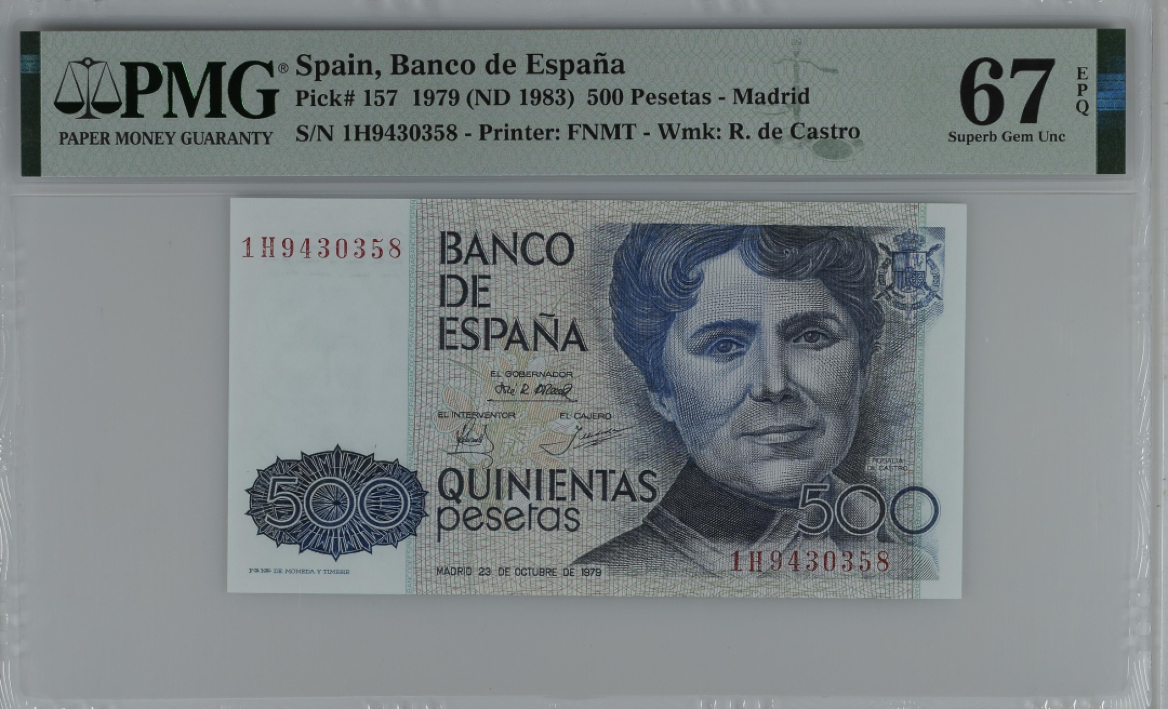 紫瑗钱币——第284期拍卖—纸币团购场 满10件包邮 【67 EPQ】西班牙 1979(1983)年 罗莎莉亚·德·卡斯特罗 500比塞塔 PMG 1H9430358