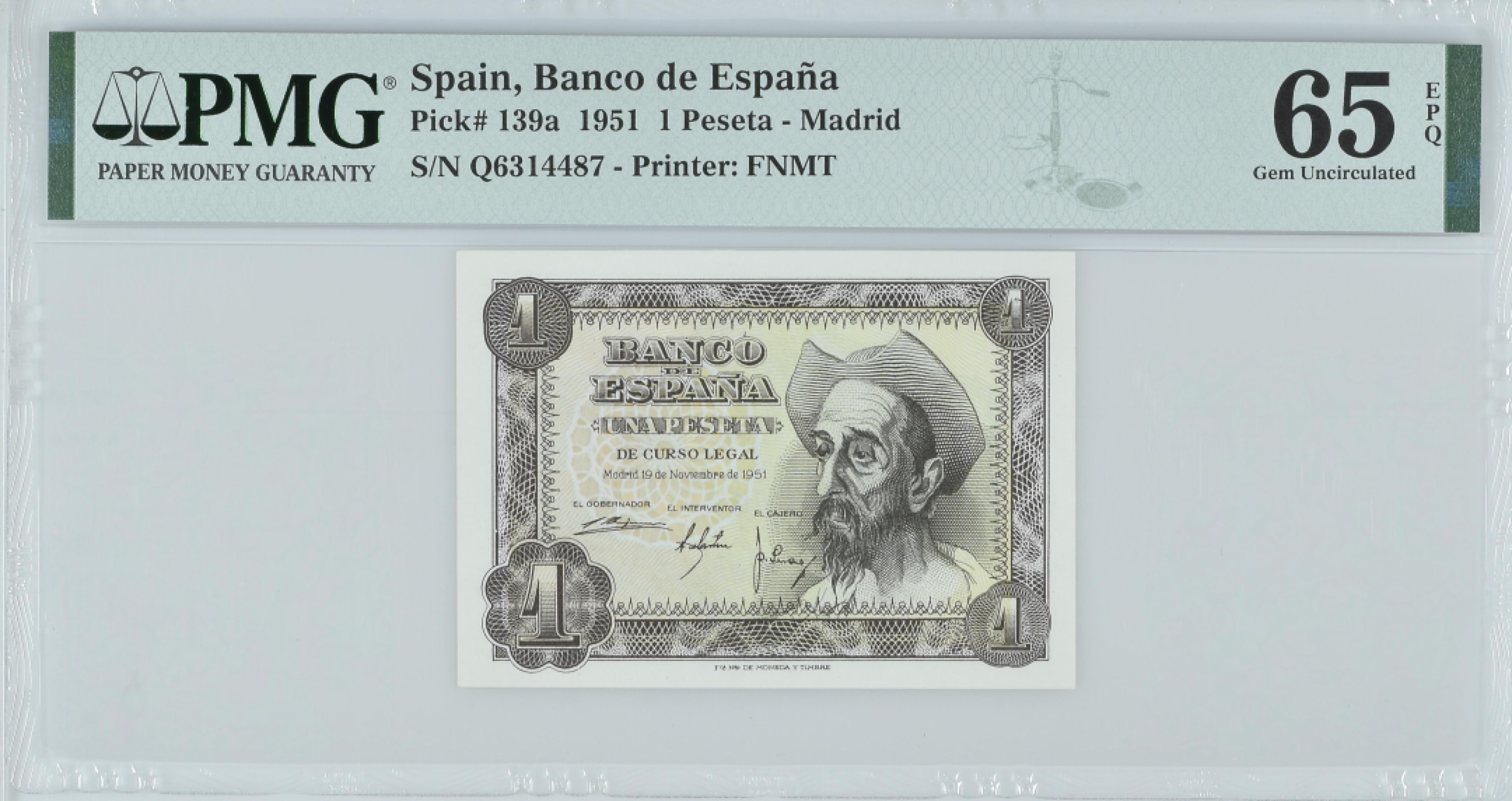 紫瑗钱币——第282期拍卖—纸币团购场（塞尔维亚 西班牙） 满10件包邮 【65 EPQ】西班牙 1951年 唐吉坷德 1比塞塔 PMG (p-139a) Q6314487