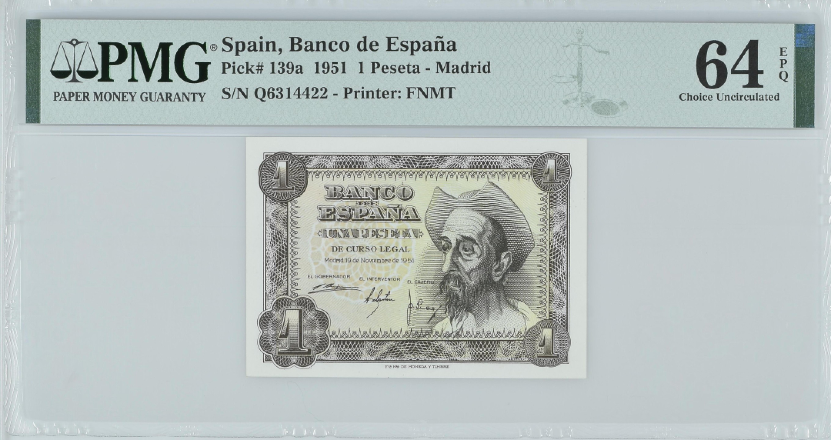 紫瑗钱币——第282期拍卖—纸币团购场（塞尔维亚 西班牙） 满10件包邮 【64 EPQ 叠尾2】西班牙 1951年 唐吉坷德 1比塞塔 PMG (p-139a) Q6314422