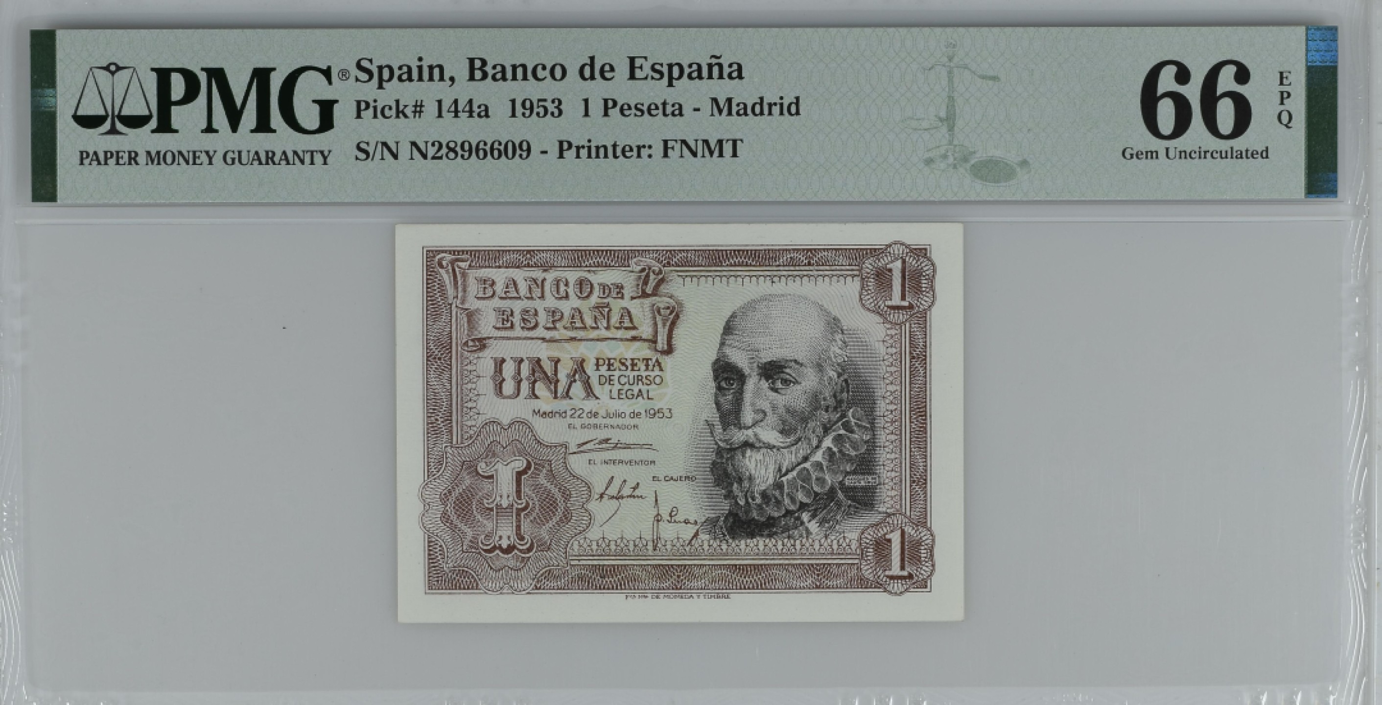 紫瑗钱币——第284期拍卖—纸币团购场 满10件包邮 【66 EPQ】西班牙 1953年  圣克鲁斯侯爵 阿尔瓦罗·德·巴赞 1比塞塔 PMG N2896609