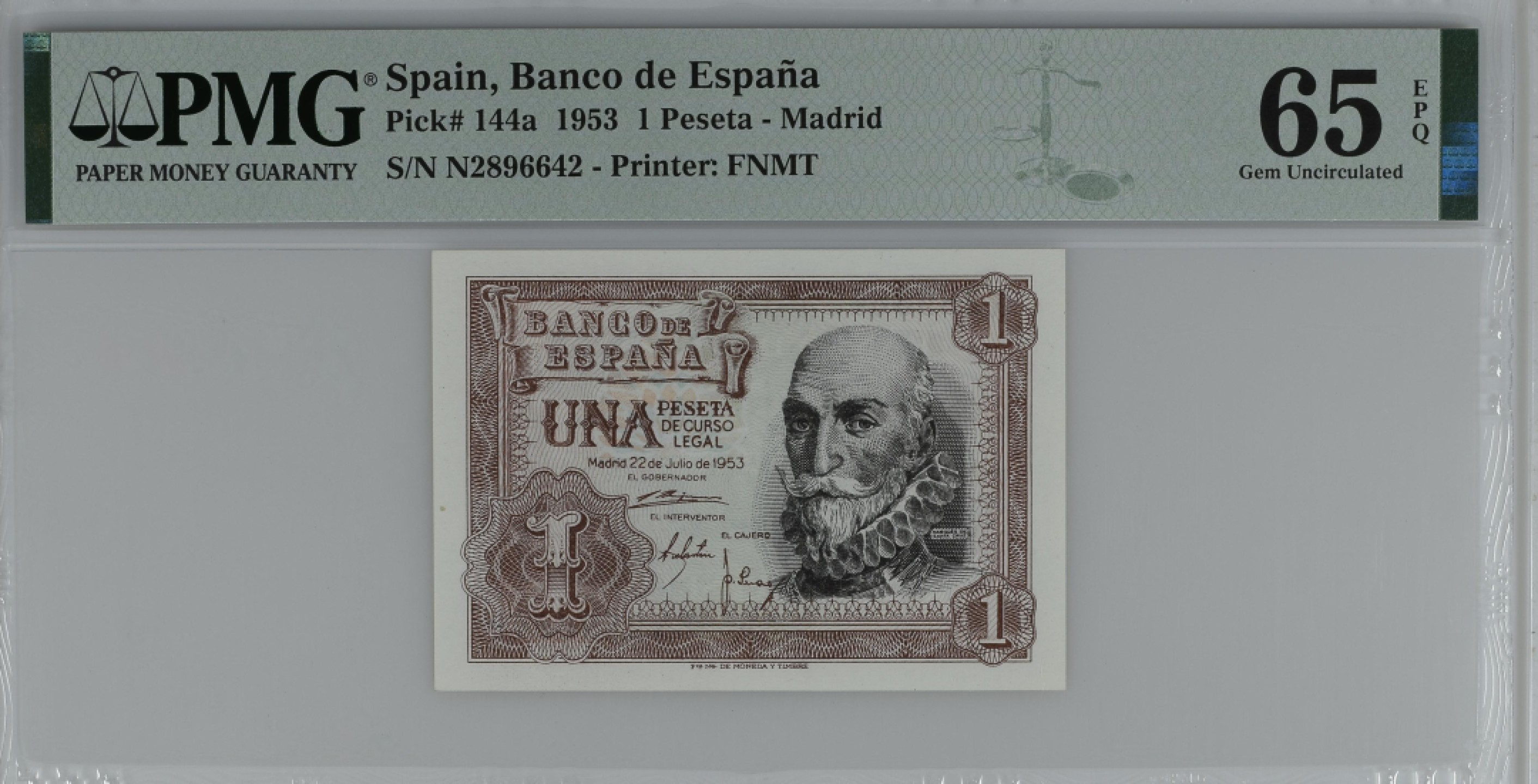 紫瑗钱币——第284期拍卖—纸币团购场 满10件包邮 【65 EPQ】西班牙 1953年  圣克鲁斯侯爵 阿尔瓦罗·德·巴赞 1比塞塔 PMG N2896642