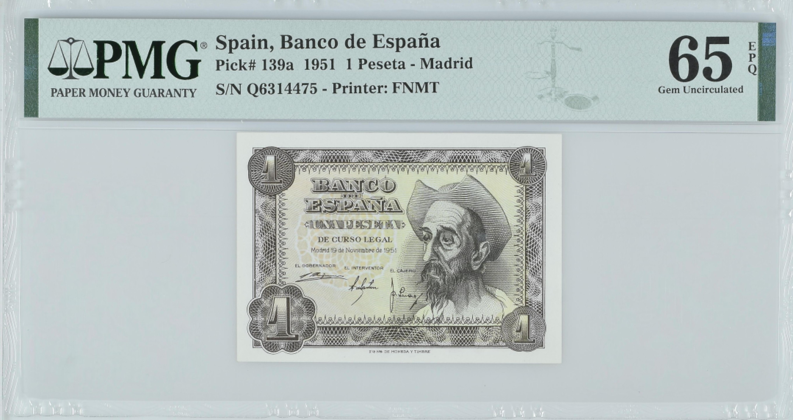 紫瑗钱币——第282期拍卖—纸币团购场（塞尔维亚 西班牙） 满10件包邮 【65 EPQ】西班牙 1951年 唐吉坷德 1比塞塔 PMG (p-139a) Q6314475