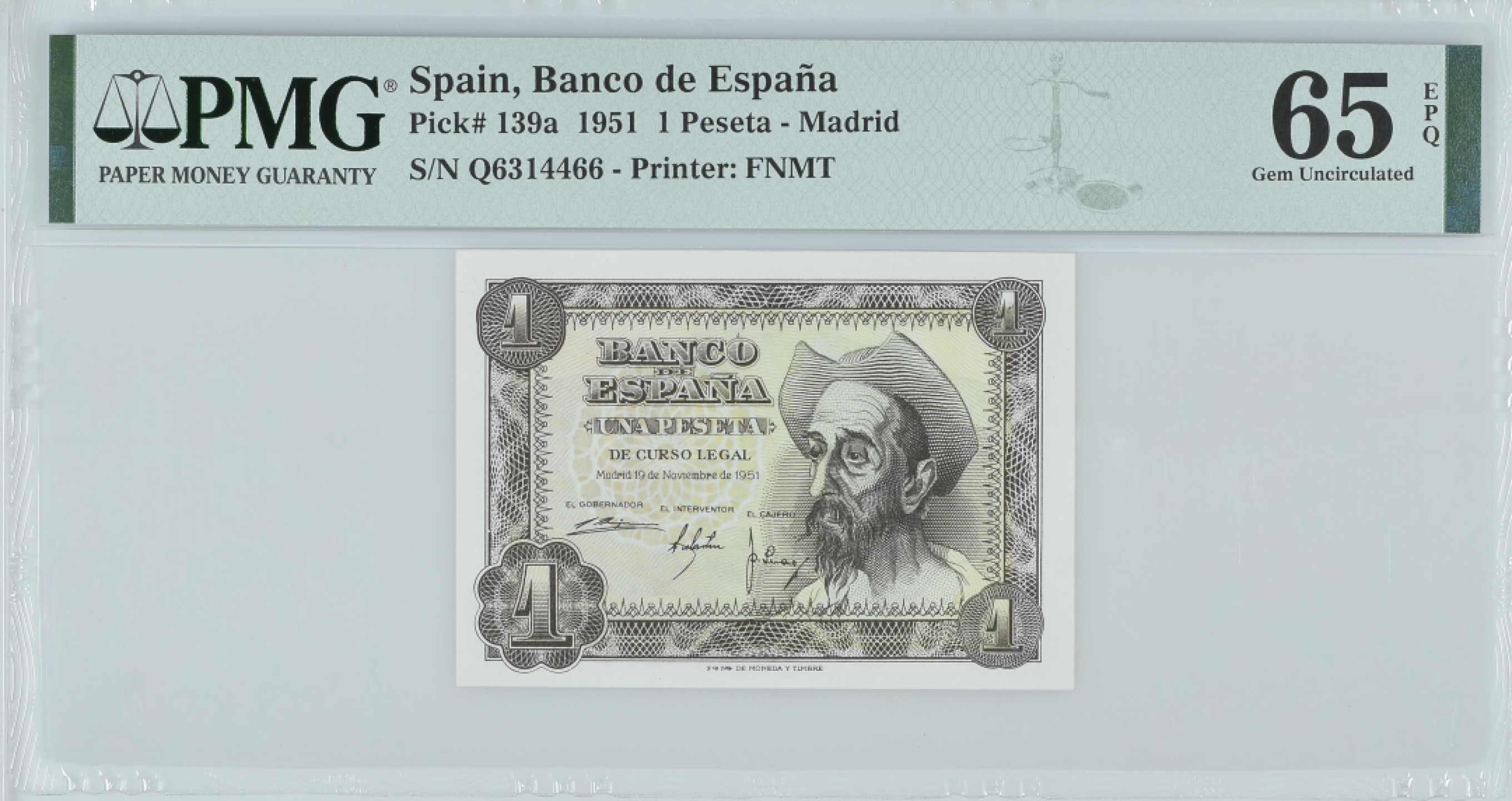紫瑗钱币——第282期拍卖—纸币团购场（塞尔维亚 西班牙） 满10件包邮 【65 EPQ 叠尾6】西班牙 1951年 唐吉坷德 1比塞塔 PMG (p-139a) Q6314466