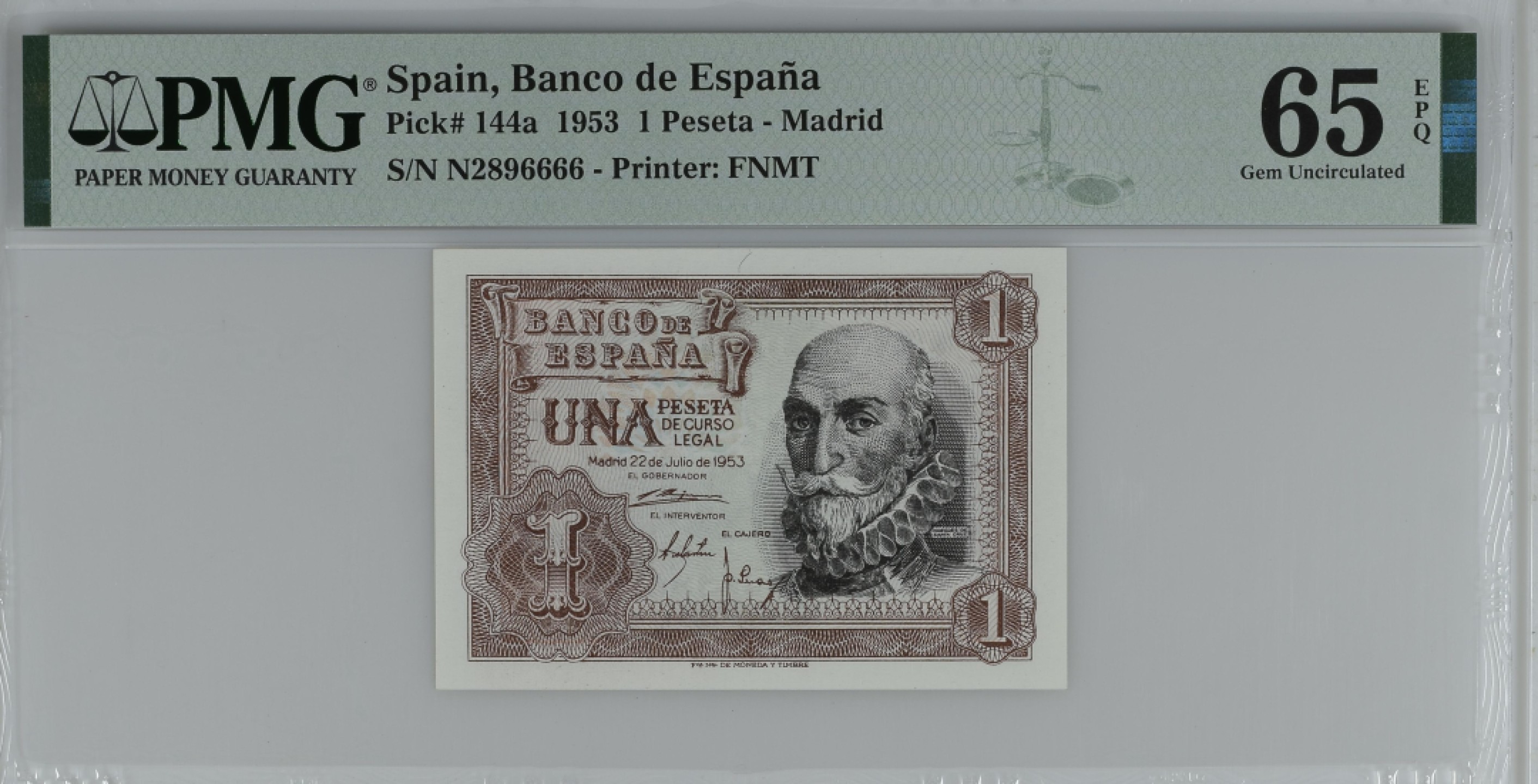紫瑗钱币——第284期拍卖—纸币团购场 满10件包邮 【65 EPQ 狮子号6】西班牙 1953年  圣克鲁斯侯爵 阿尔瓦罗·德·巴赞 1比塞塔 PMG N2896666