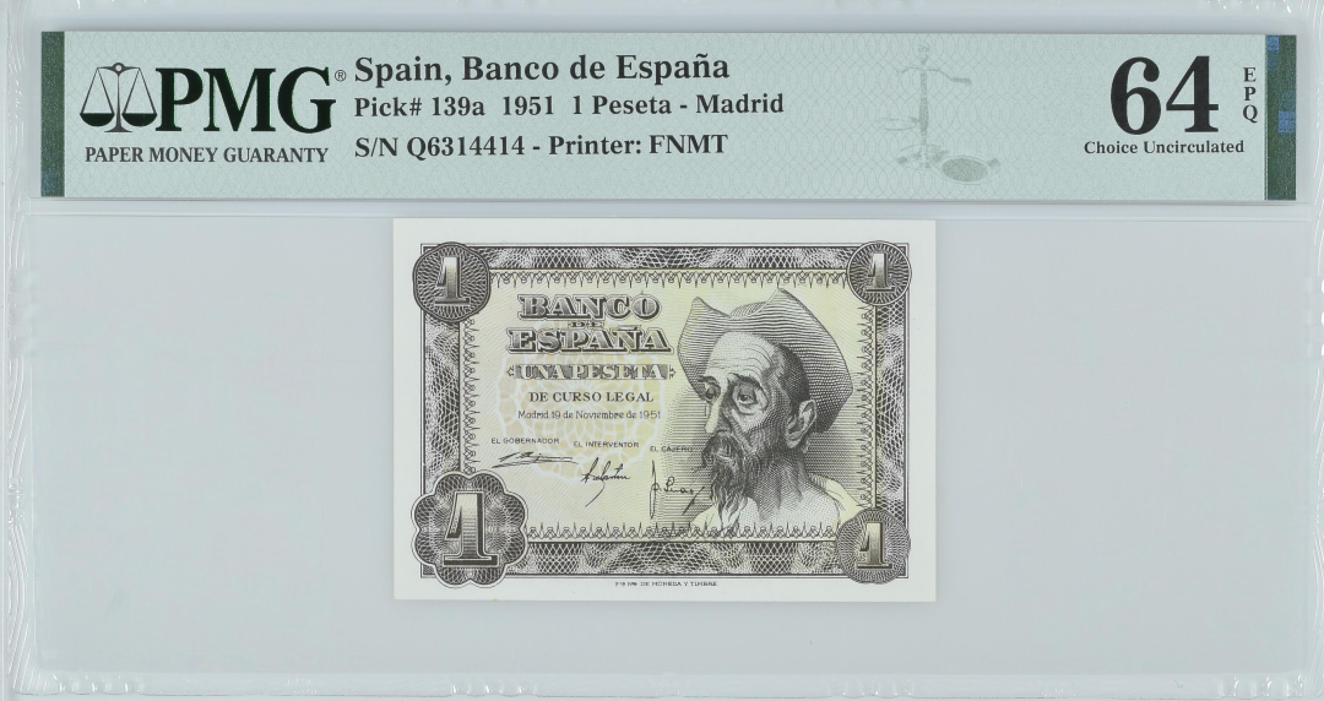 紫瑗钱币——第282期拍卖—纸币团购场（塞尔维亚 西班牙） 满10件包邮 【64 EPQ】西班牙 1951年 唐吉坷德 1比塞塔 PMG (p-139a) Q6314414