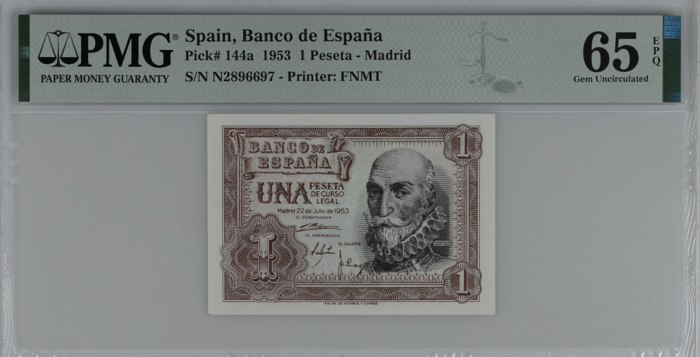 紫瑗钱币——第284期拍卖—纸币团购场 满10件包邮 【65 EPQ】西班牙 1953年  圣克鲁斯侯爵 阿尔瓦罗·德·巴赞 1比塞塔 PMG N2896697