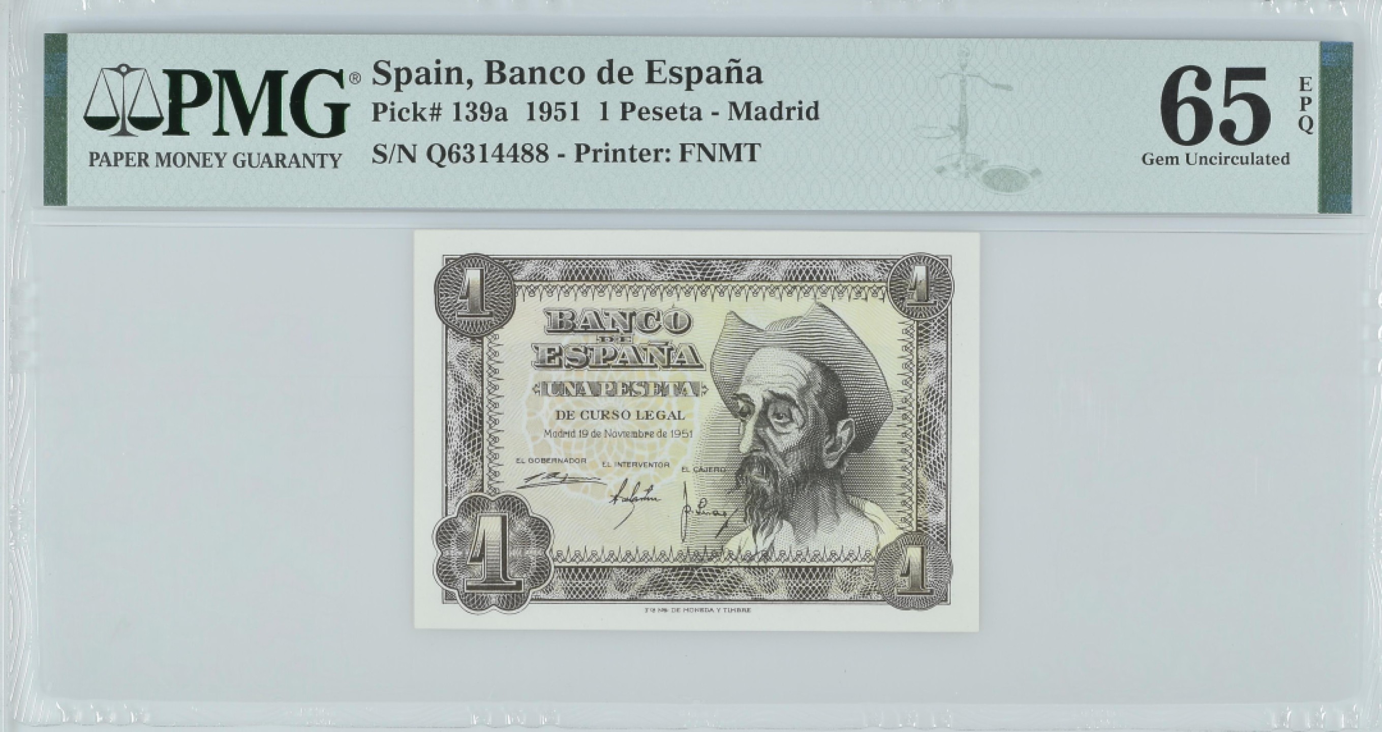 紫瑗钱币——第282期拍卖—纸币团购场（塞尔维亚 西班牙） 满10件包邮 【65 EPQ 叠尾8】西班牙 1951年 唐吉坷德 1比塞塔 PMG (p-139a) Q6314488