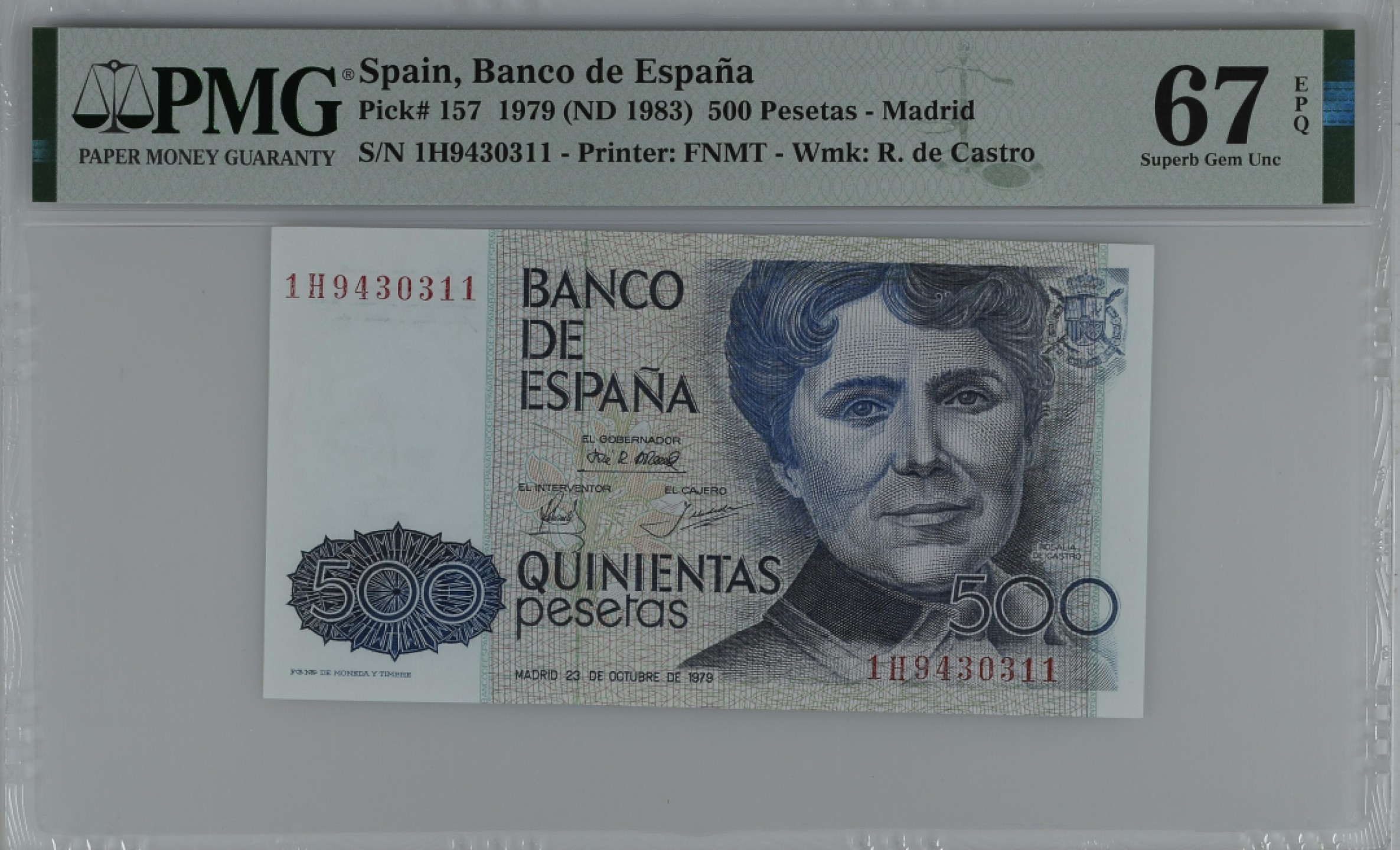 紫瑗钱币——第284期拍卖—纸币团购场 满10件包邮 【67 EPQ 叠尾1】西班牙 1979(1983)年 罗莎莉亚·德·卡斯特罗 500比塞塔 PMG 1H9430311