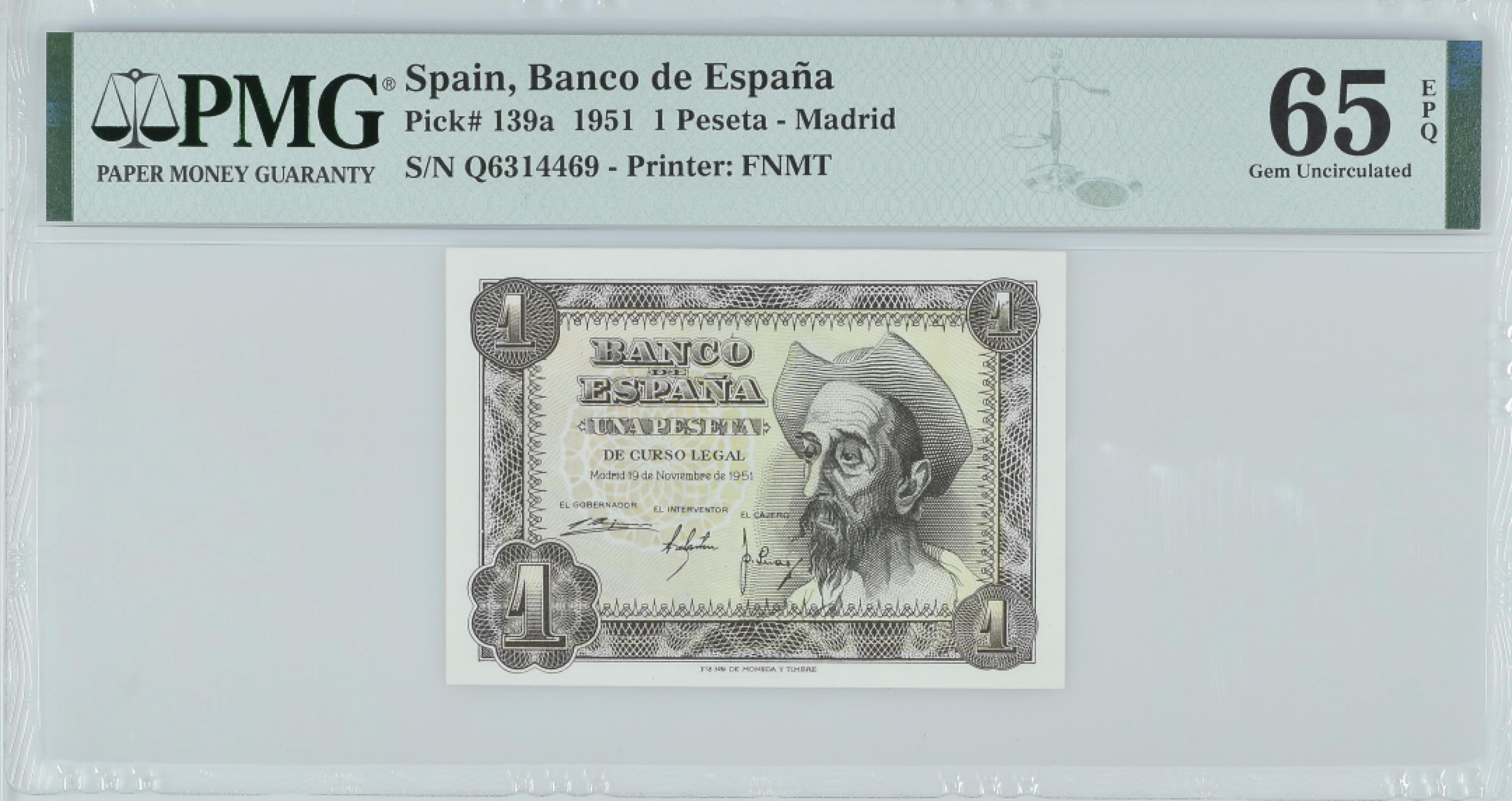 紫瑗钱币——第282期拍卖—纸币团购场（塞尔维亚 西班牙） 满10件包邮 【65 EPQ】西班牙 1951年 唐吉坷德 1比塞塔 PMG (p-139a) Q6314469
