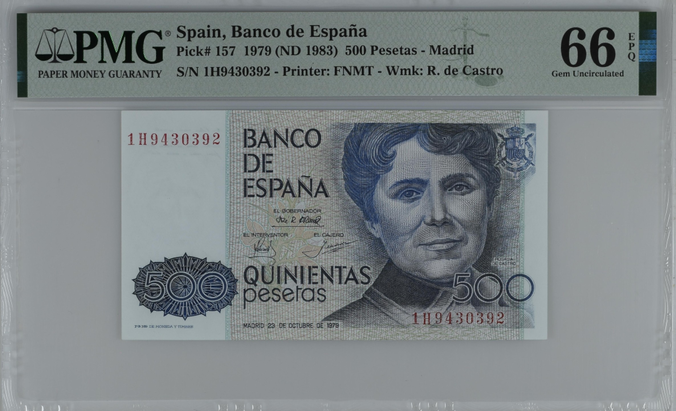 紫瑗钱币——第284期拍卖—纸币团购场 满10件包邮 【66 EPQ】西班牙 1979(1983)年 罗莎莉亚·德·卡斯特罗 500比塞塔 PMG 1H9430392