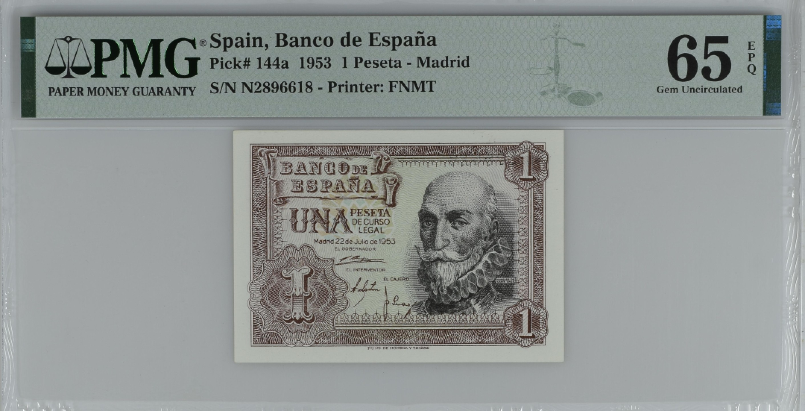 紫瑗钱币——第284期拍卖—纸币团购场 满10件包邮 【65 EPQ】西班牙 1953年  圣克鲁斯侯爵 阿尔瓦罗·德·巴赞 1比塞塔 PMG N2896618