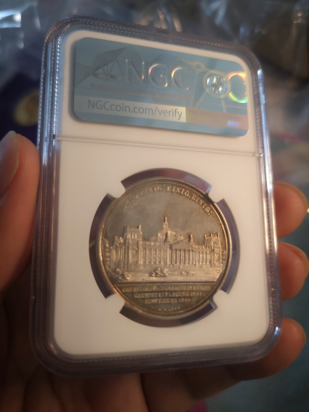 长老汇精品老银币系列 1894俾斯麦德意志帝国纪念银章，NGC MS63，超高浮雕