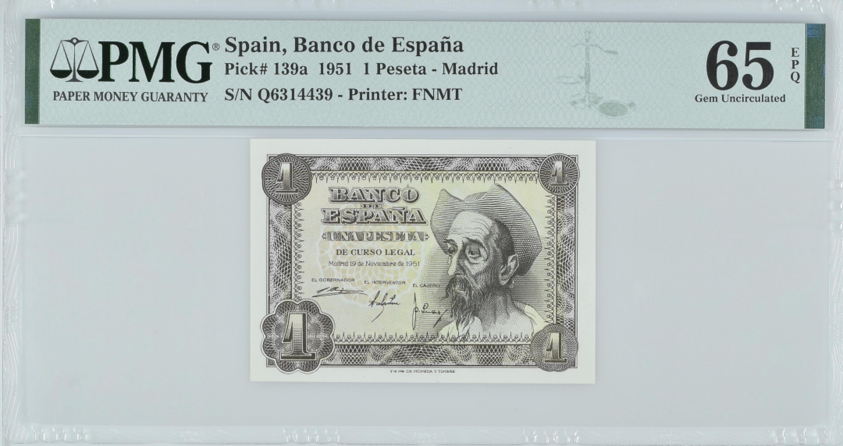 紫瑗钱币——第282期拍卖—纸币团购场（塞尔维亚 西班牙） 满10件包邮 【65 EPQ】西班牙 1951年 唐吉坷德 1比塞塔 PMG (p-139a) Q6314439