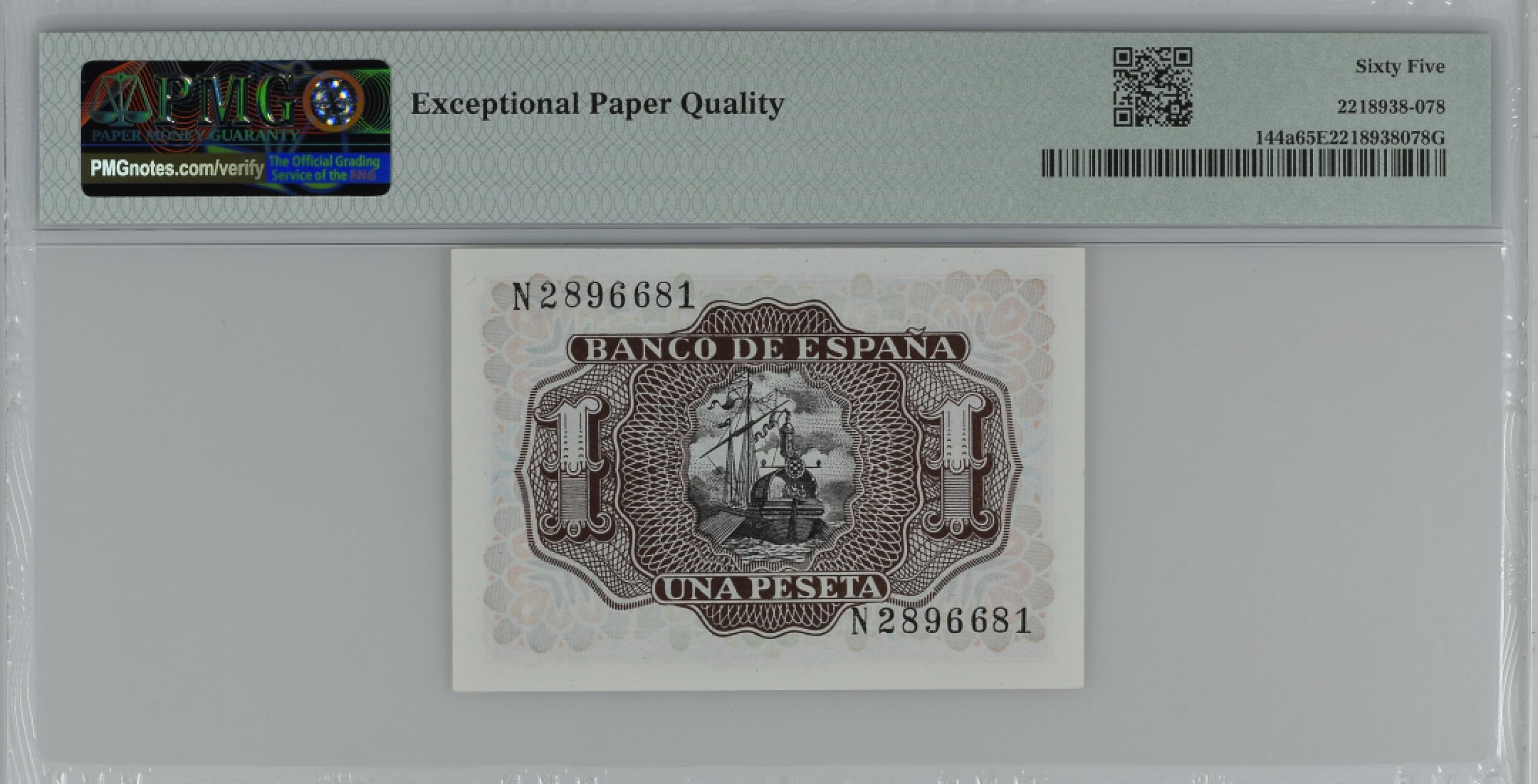 紫瑗钱币——第284期拍卖—纸币团购场 满10件包邮 【65 EPQ】西班牙 1953年  圣克鲁斯侯爵 阿尔瓦罗·德·巴赞 1比塞塔 PMG N2896681