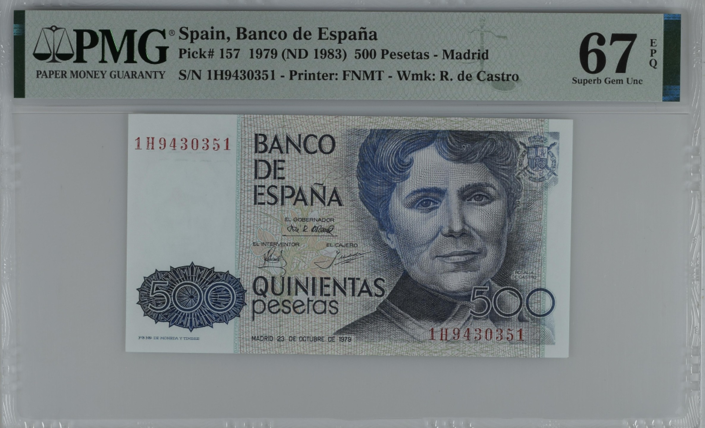 紫瑗钱币——第284期拍卖—纸币团购场 满10件包邮 【67 EPQ】西班牙 1979(1983)年 罗莎莉亚·德·卡斯特罗 500比塞塔 PMG 1H9430351