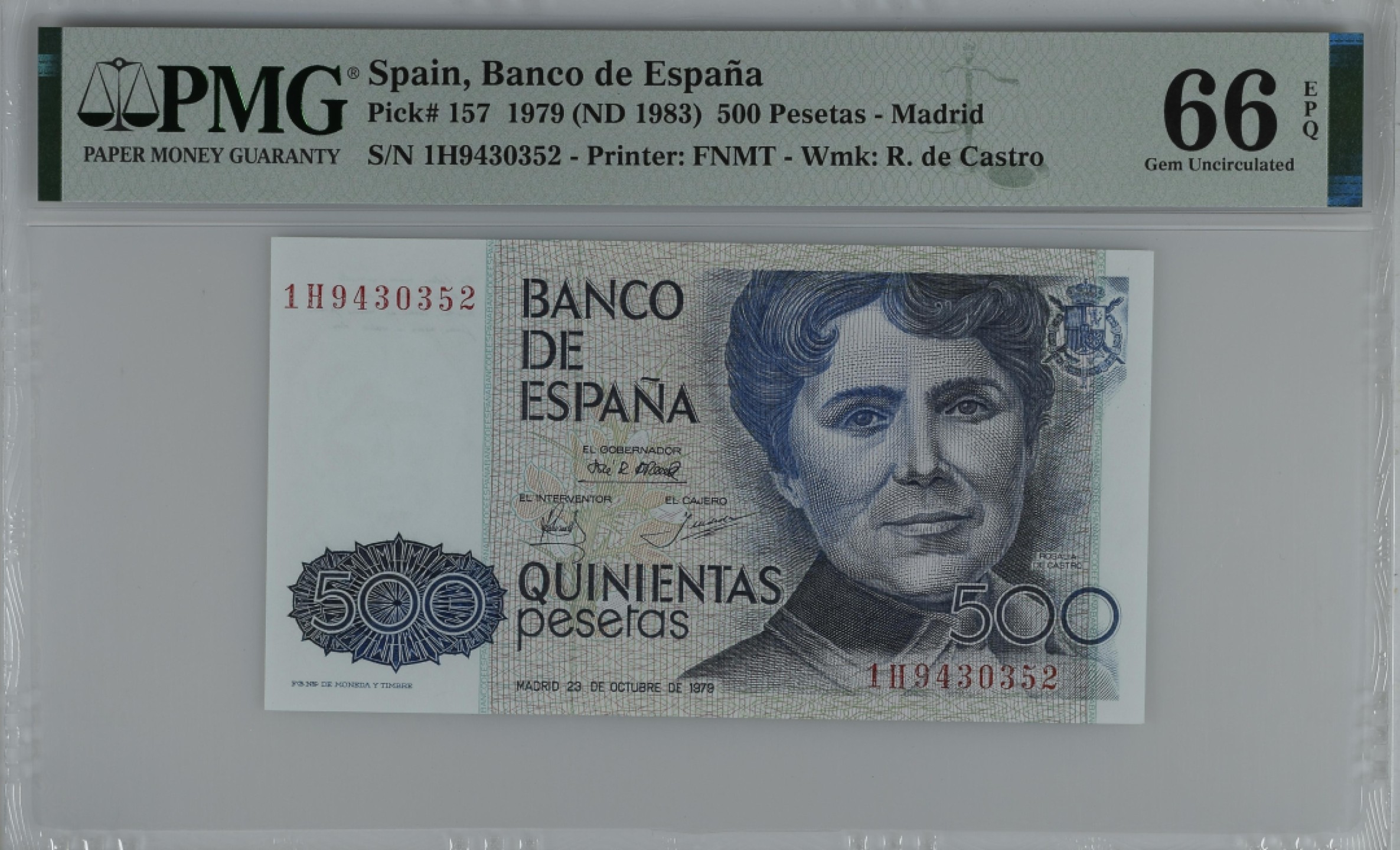 紫瑗钱币——第284期拍卖—纸币团购场 满10件包邮 【66 EPQ】西班牙 1979(1983)年 罗莎莉亚·德·卡斯特罗 500比塞塔 PMG 1H9430352