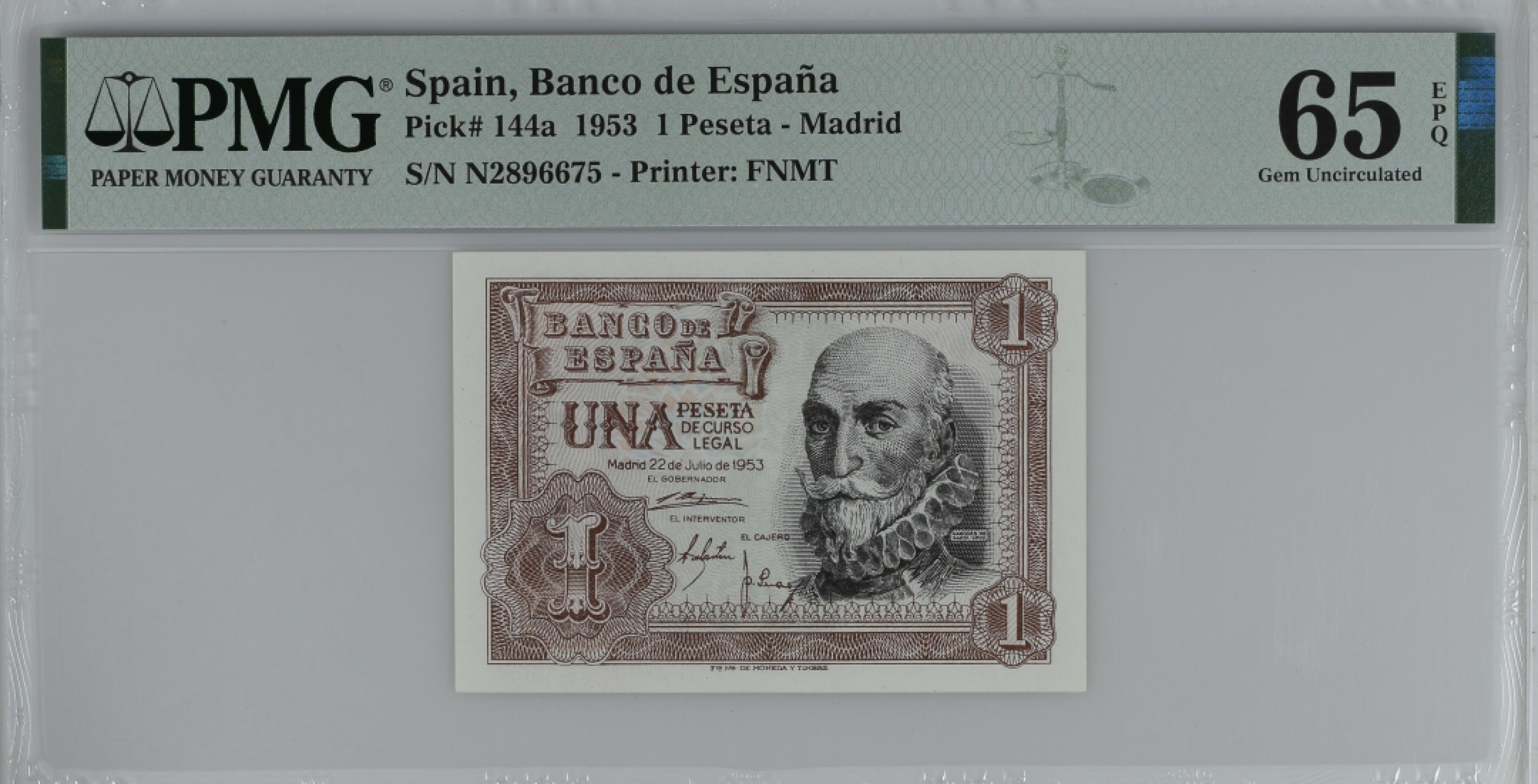 紫瑗钱币——第284期拍卖—纸币团购场 满10件包邮 【65 EPQ】西班牙 1953年  圣克鲁斯侯爵 阿尔瓦罗·德·巴赞 1比塞塔 PMG N2896675