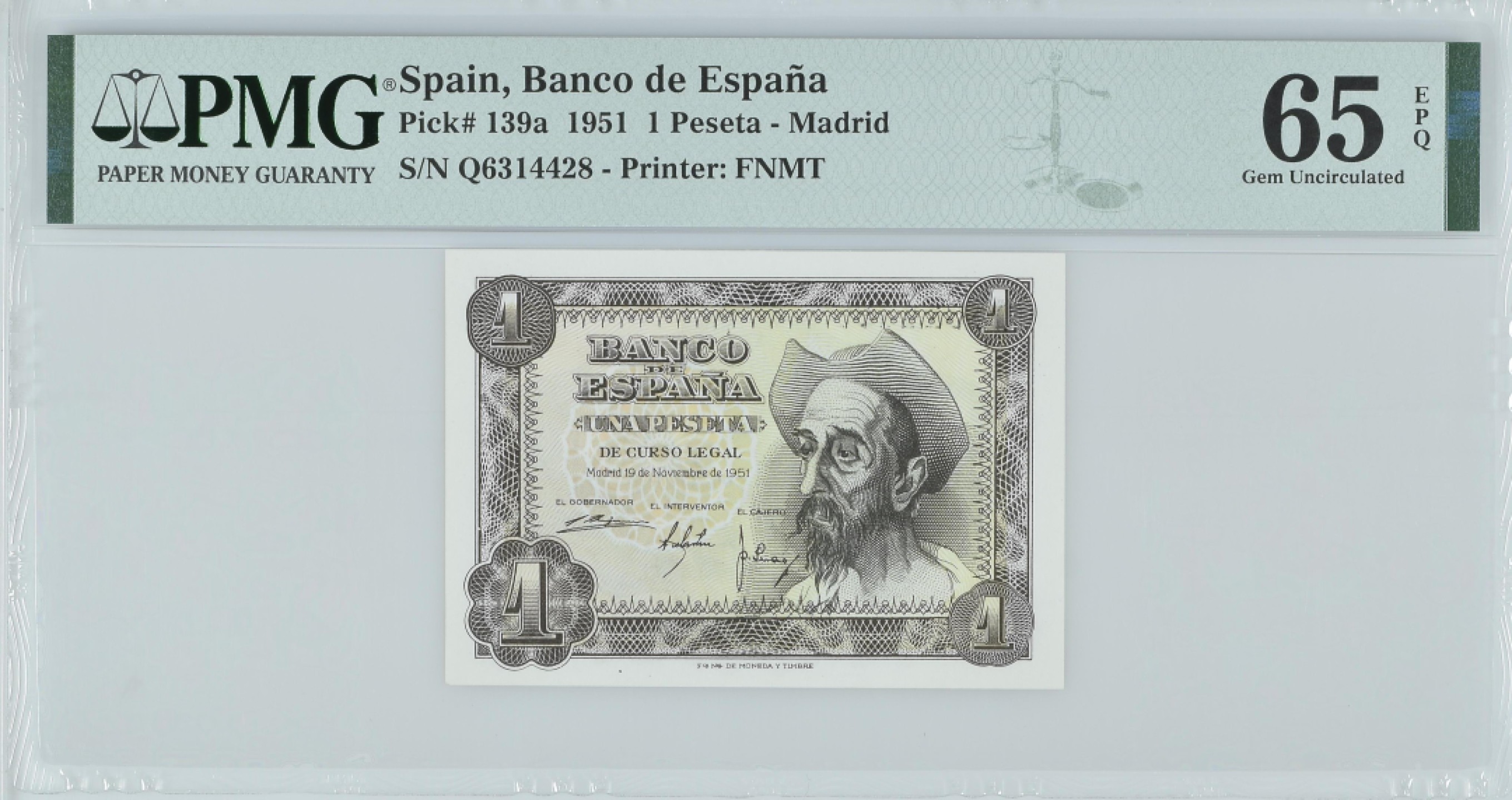 紫瑗钱币——第282期拍卖—纸币团购场（塞尔维亚 西班牙） 满10件包邮 【65 EPQ】西班牙 1951年 唐吉坷德 1比塞塔 PMG (p-139a) Q6314428