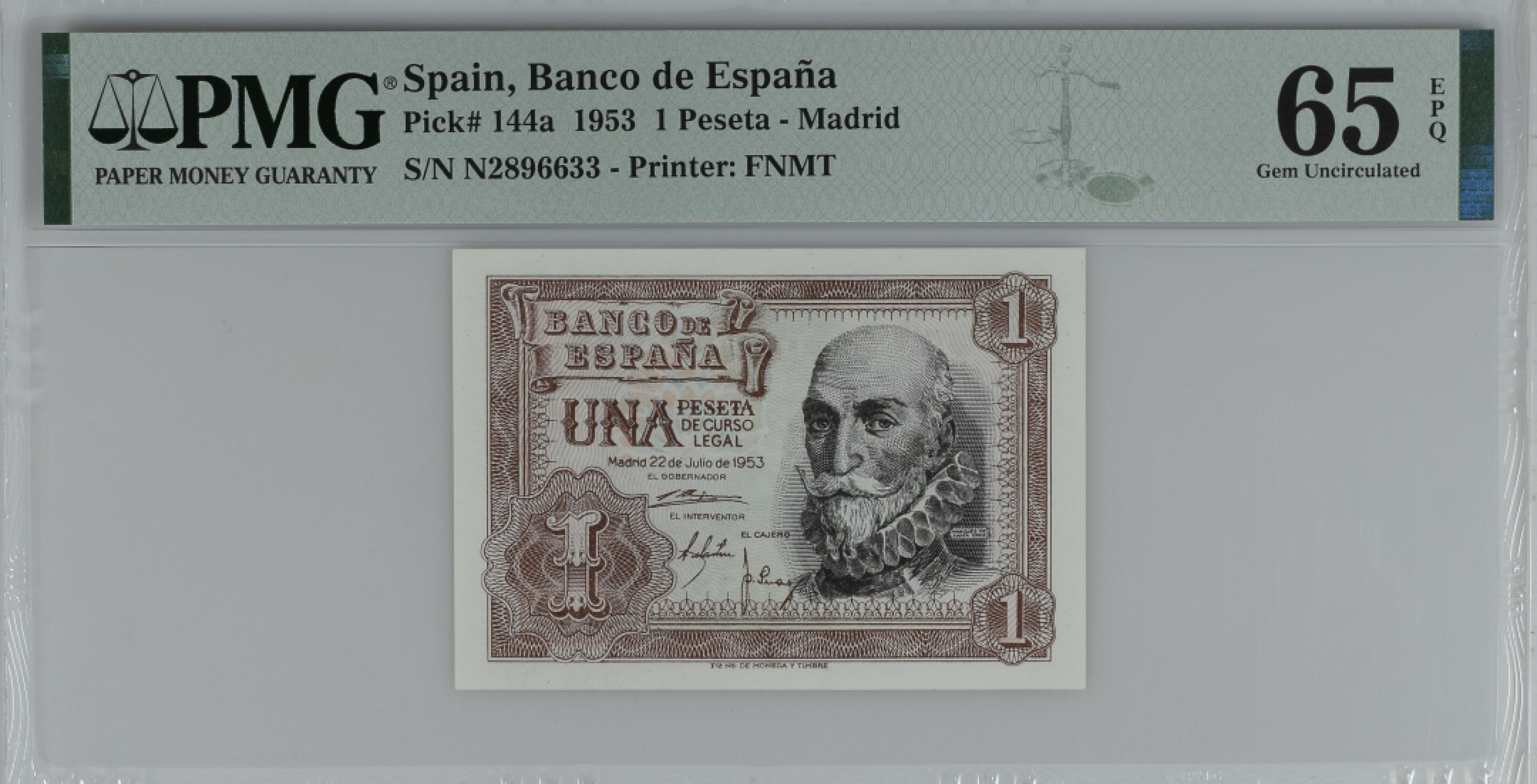 紫瑗钱币——第284期拍卖—纸币团购场 满10件包邮 【65 EPQ 叠尾3】西班牙 1953年  圣克鲁斯侯爵 阿尔瓦罗·德·巴赞 1比塞塔 PMG N2896633