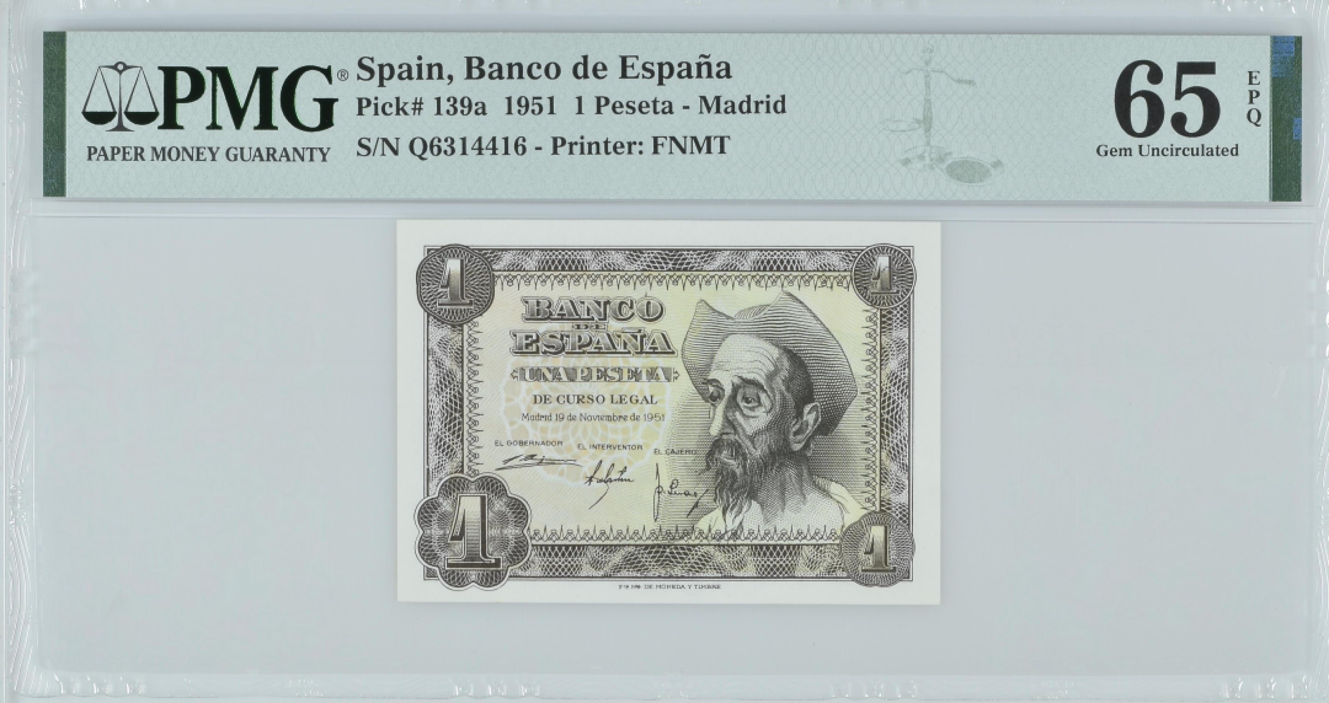 紫瑗钱币——第282期拍卖—纸币团购场（塞尔维亚 西班牙） 满10件包邮 【65 EPQ】西班牙 1951年 唐吉坷德 1比塞塔 PMG (p-139a) Q6314416