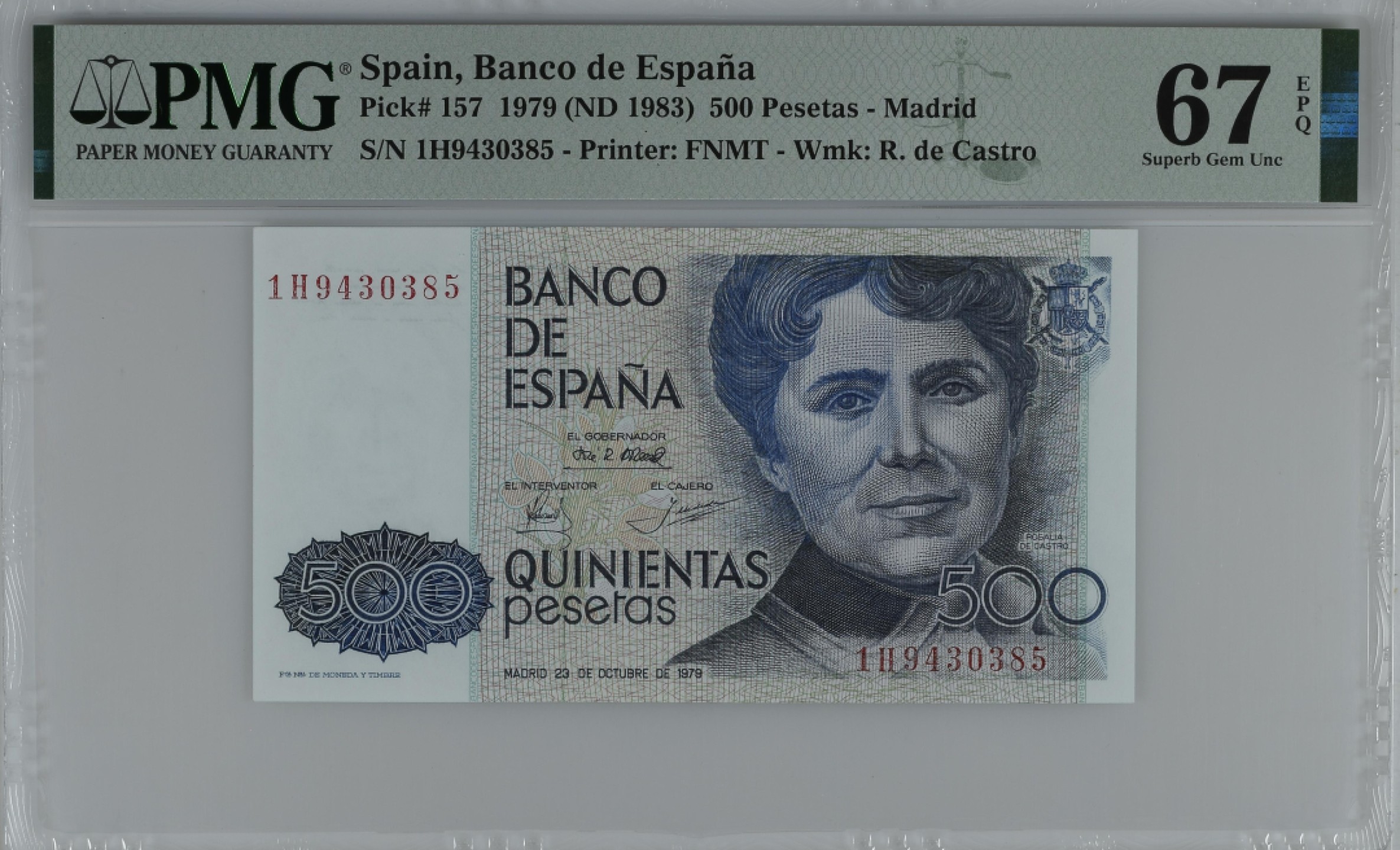 紫瑗钱币——第284期拍卖—纸币团购场 满10件包邮 【67 EPQ】西班牙 1979(1983)年 罗莎莉亚·德·卡斯特罗 500比塞塔 PMG 1H9430385