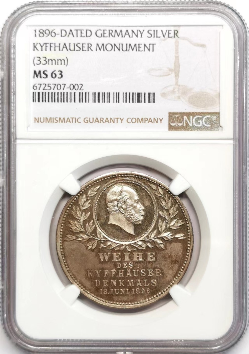 凡希社世界钱币微拍第二百四十二期 1896德国屈夫霍伊泽巴巴罗萨纪念碑银章NGC-MS63