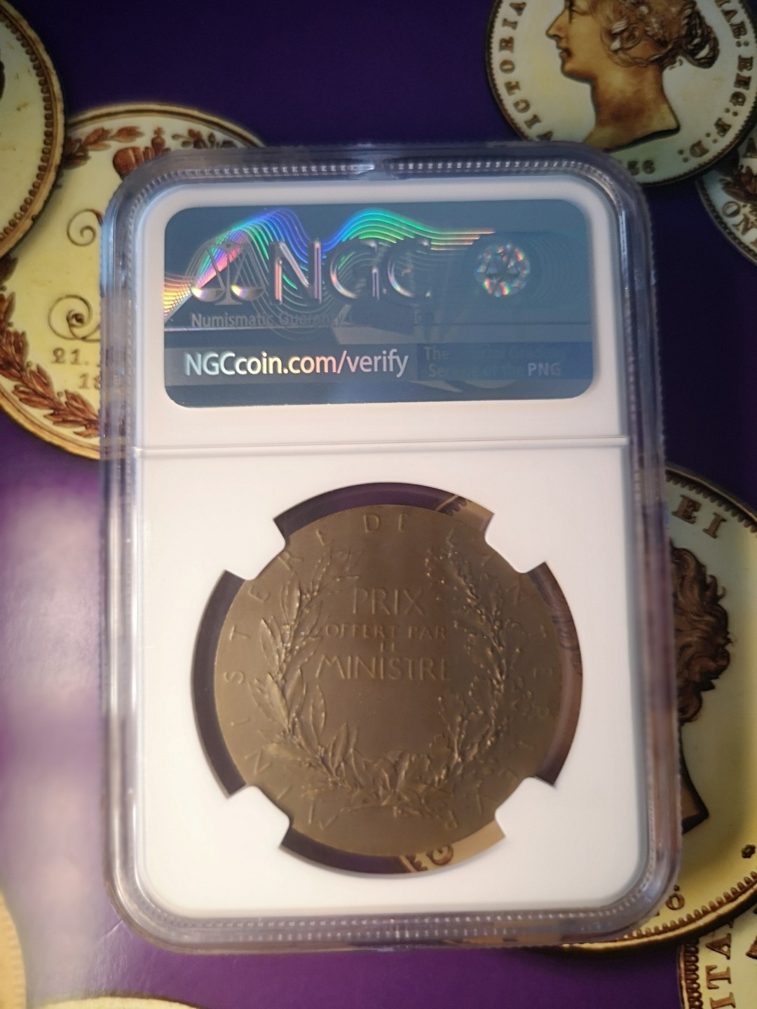 长老汇精品老银币系列 法国罗蒂玛丽安娜戎装内务部纪念铜章，NGC MS64BN