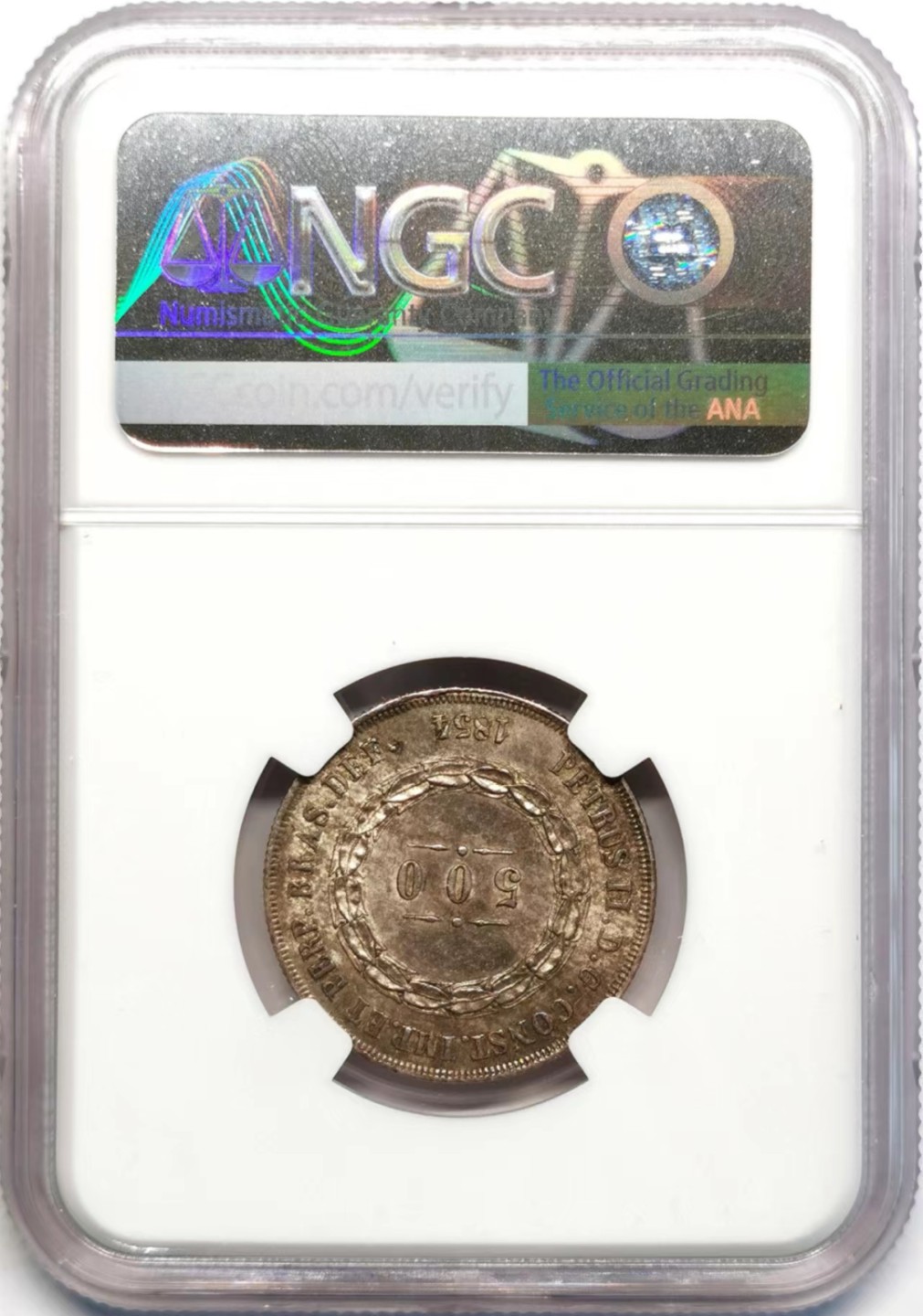 凡希社世界钱币微拍第二百四十二期 1854巴西帝国500R银币NGC-MS63深色五彩！
