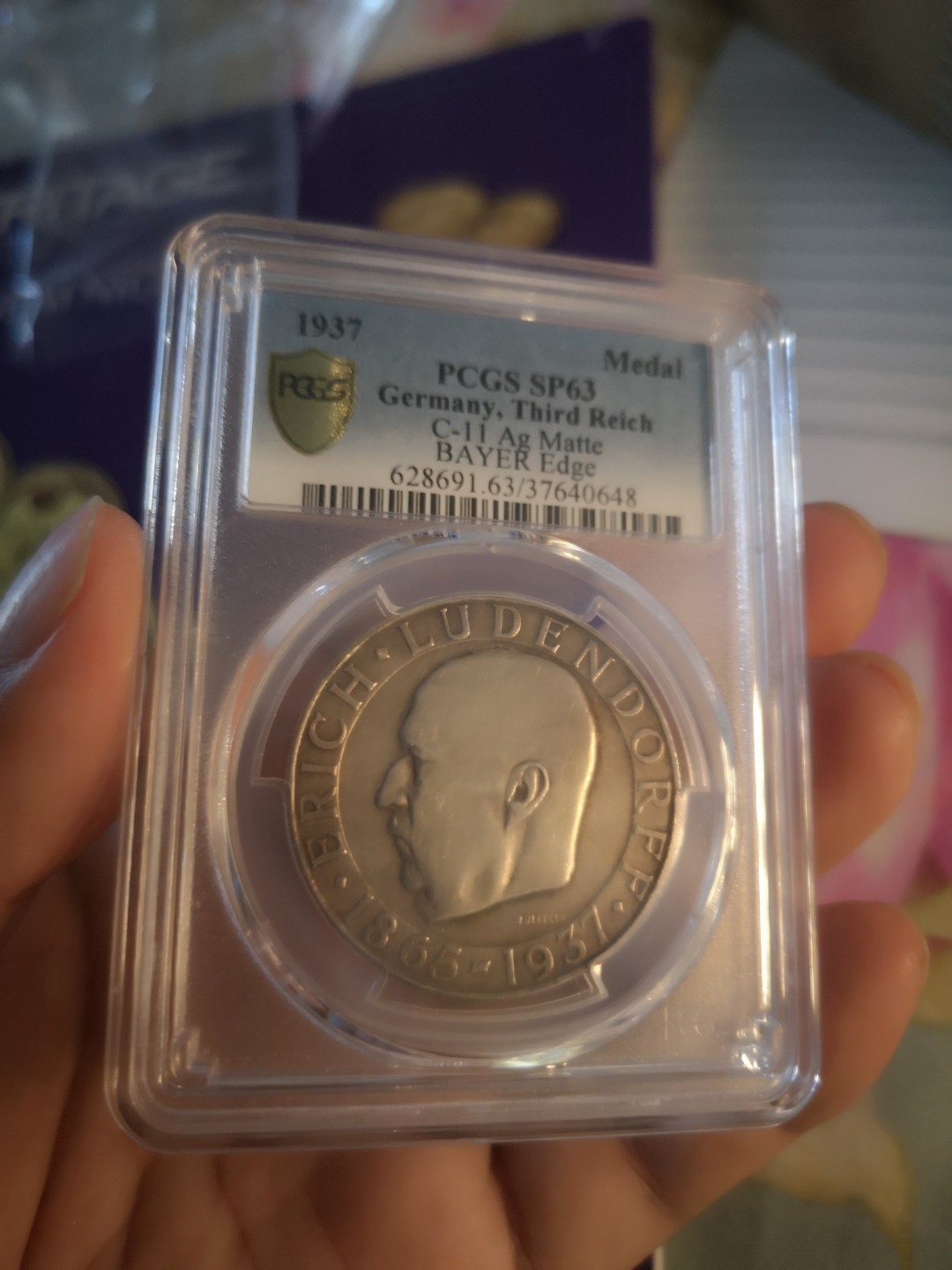 长老汇精品老银币系列 德国1937鲁登道夫磨砂纪念银章，PCGS SP63