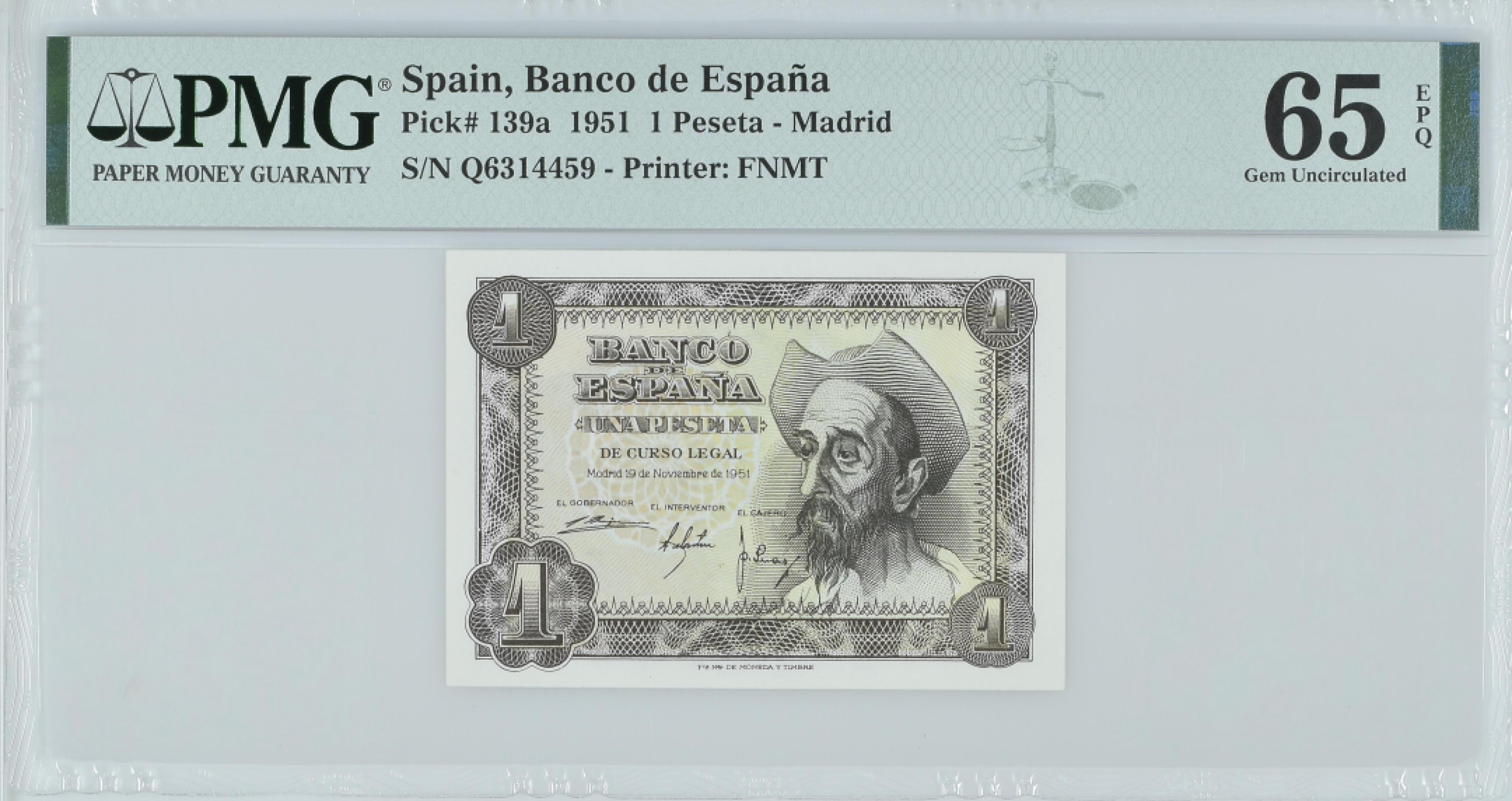 紫瑗钱币——第282期拍卖—纸币团购场（塞尔维亚 西班牙） 满10件包邮 【65 EPQ】西班牙 1951年 唐吉坷德 1比塞塔 PMG (p-139a) Q6314459