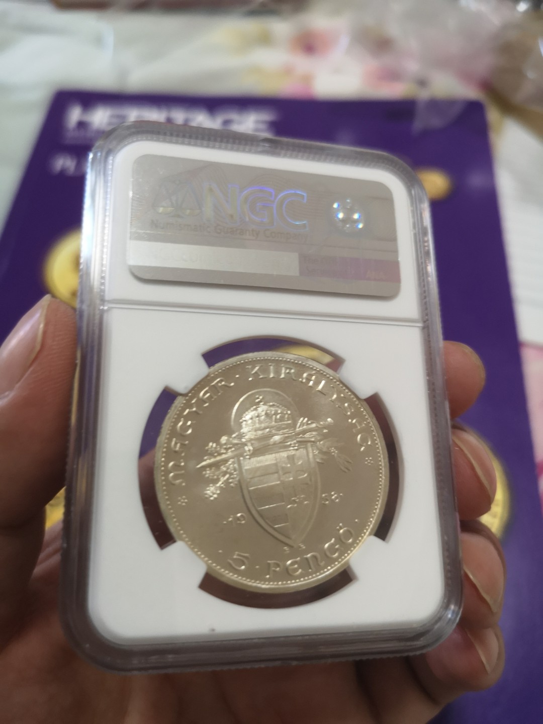 长老汇精品老银币系列 匈牙利1938圣斯蒂芬5潘果精制大银币，NGC PF65，后铸