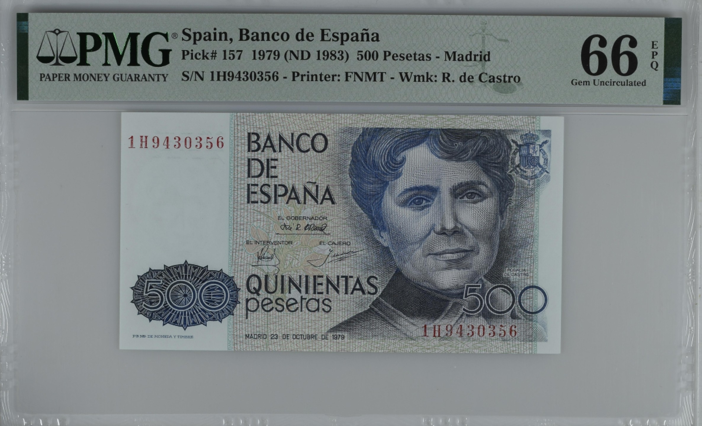 紫瑗钱币——第284期拍卖—纸币团购场 满10件包邮 【66 EPQ】西班牙 1979(1983)年 罗莎莉亚·德·卡斯特罗 500比塞塔 PMG 1H9430356