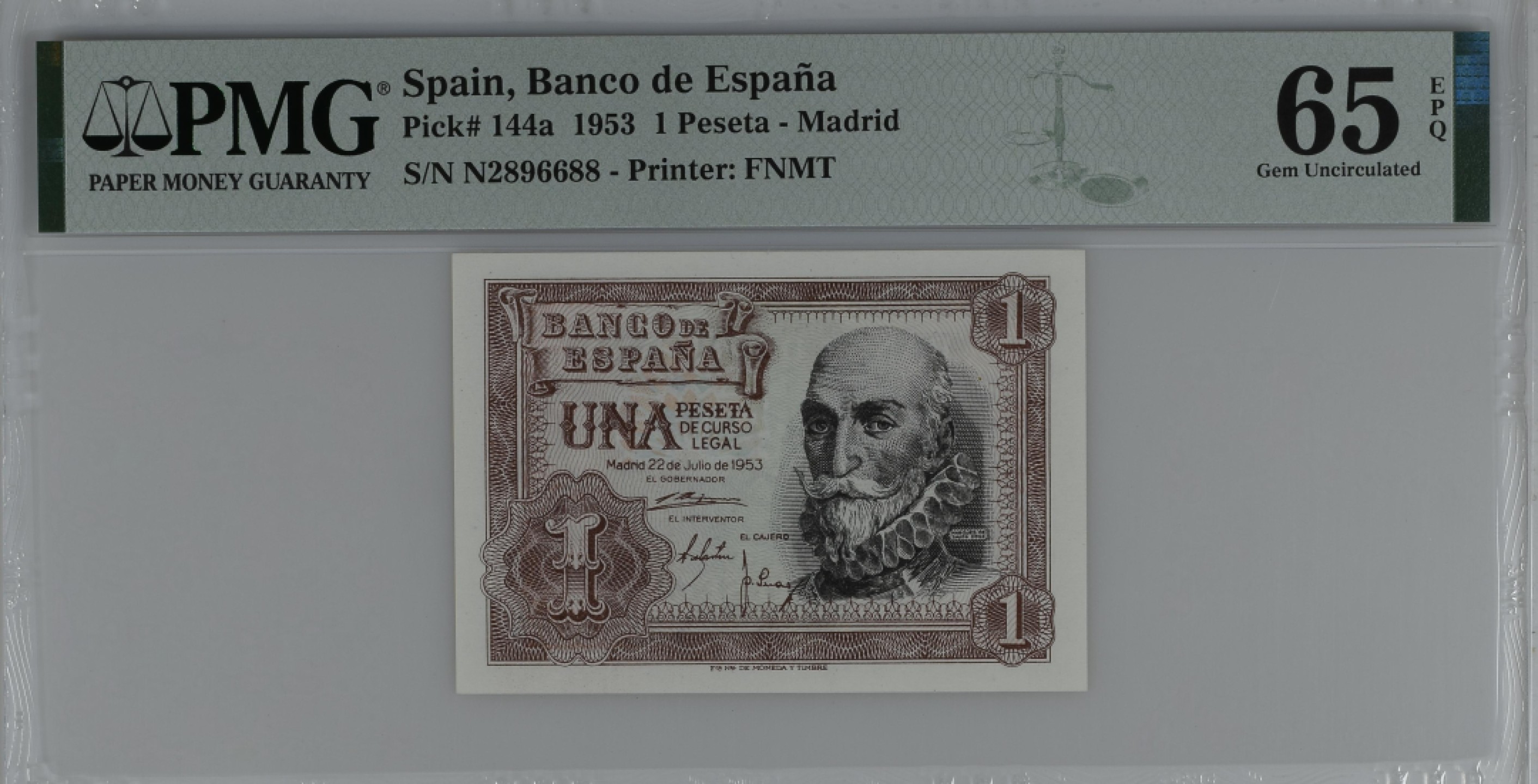 紫瑗钱币——第284期拍卖—纸币团购场 满10件包邮 【65 EPQ 叠尾8】西班牙 1953年  圣克鲁斯侯爵 阿尔瓦罗·德·巴赞 1比塞塔 PMG N2896688