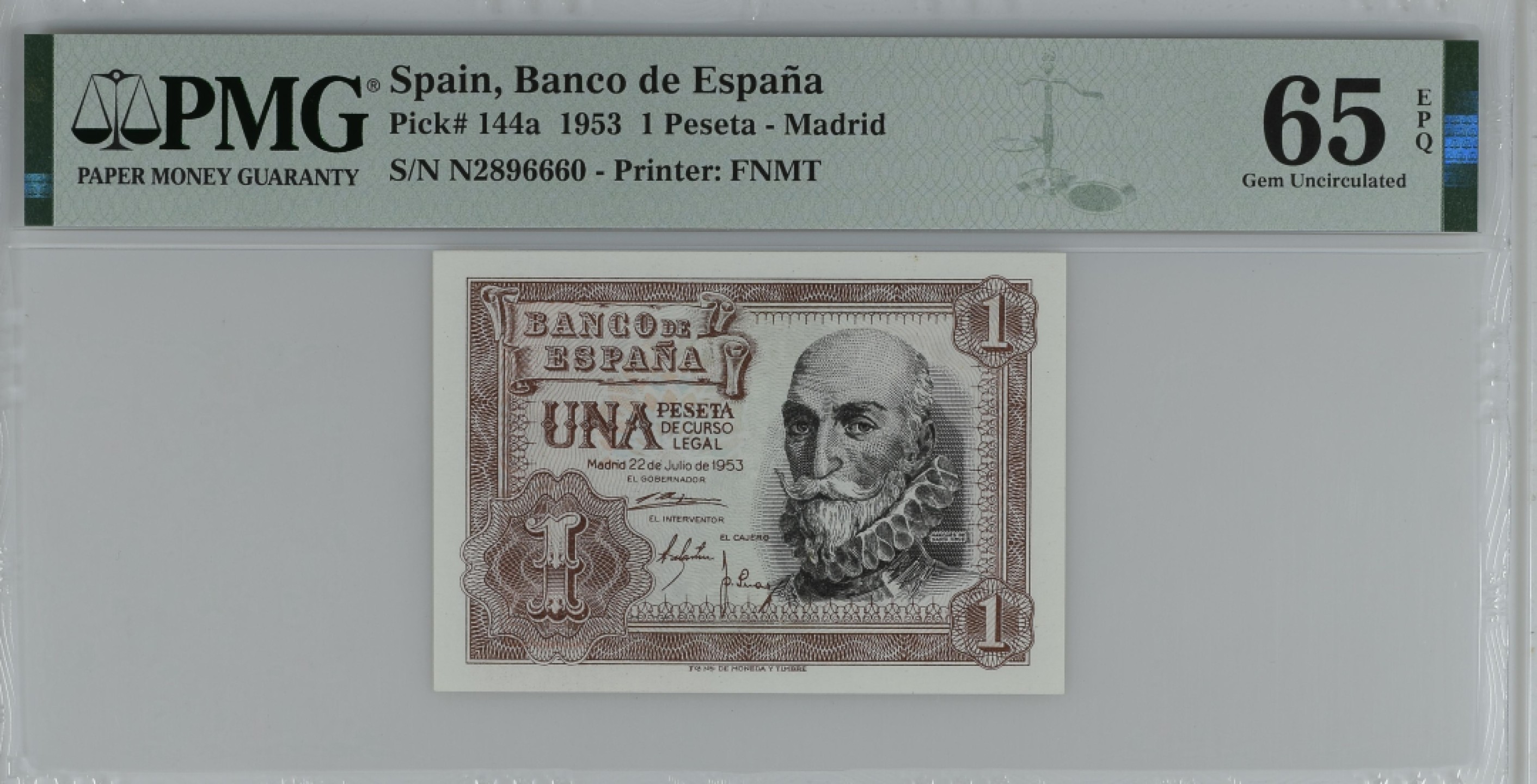 紫瑗钱币——第284期拍卖—纸币团购场 满10件包邮 【65 EPQ】西班牙 1953年  圣克鲁斯侯爵 阿尔瓦罗·德·巴赞 1比塞塔 PMG N2896660