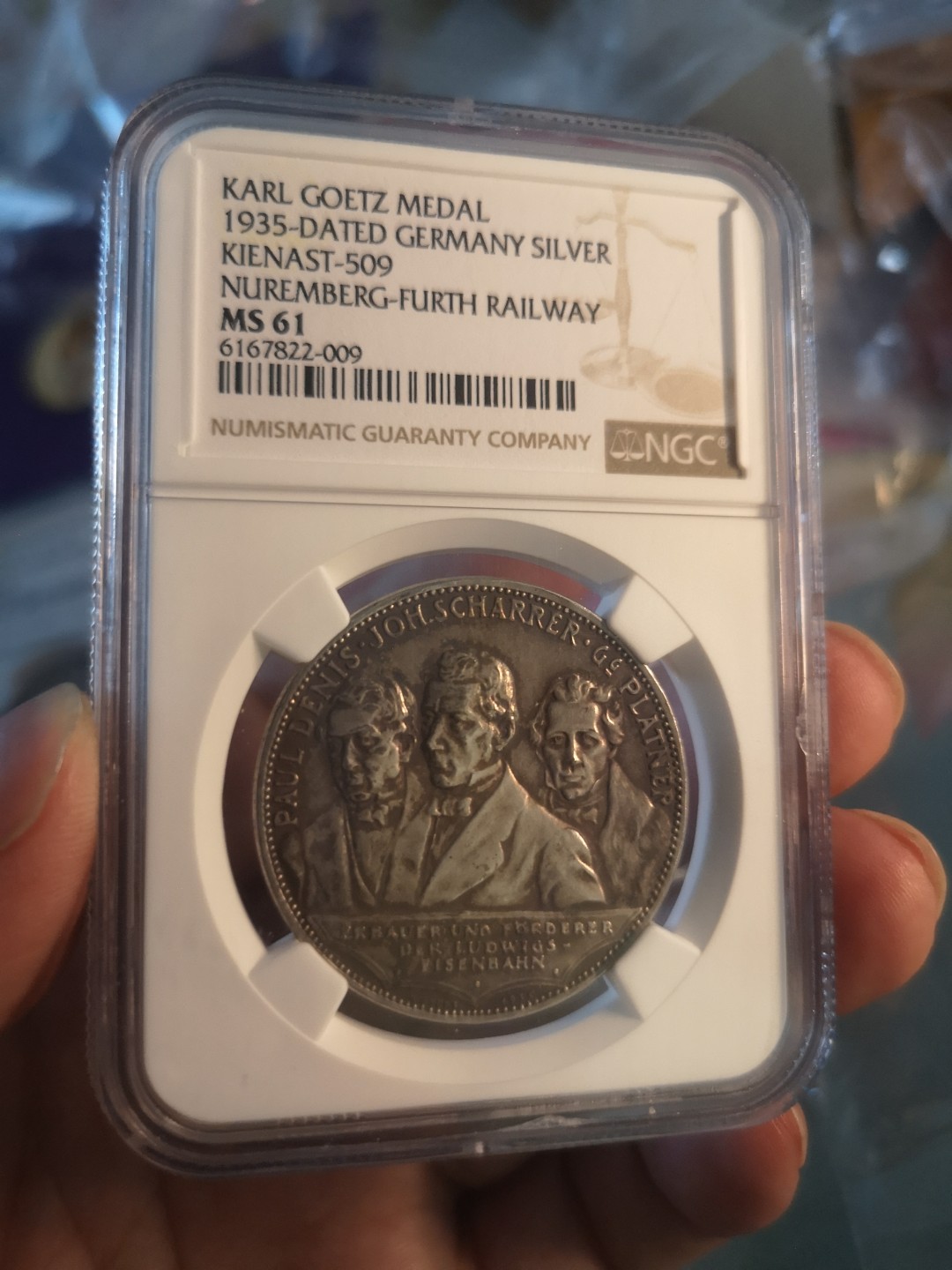 长老汇精品老银币系列 1935纽伦堡-福斯铁路开通纪念银章，卡尔哥茨作品，NGC MS61