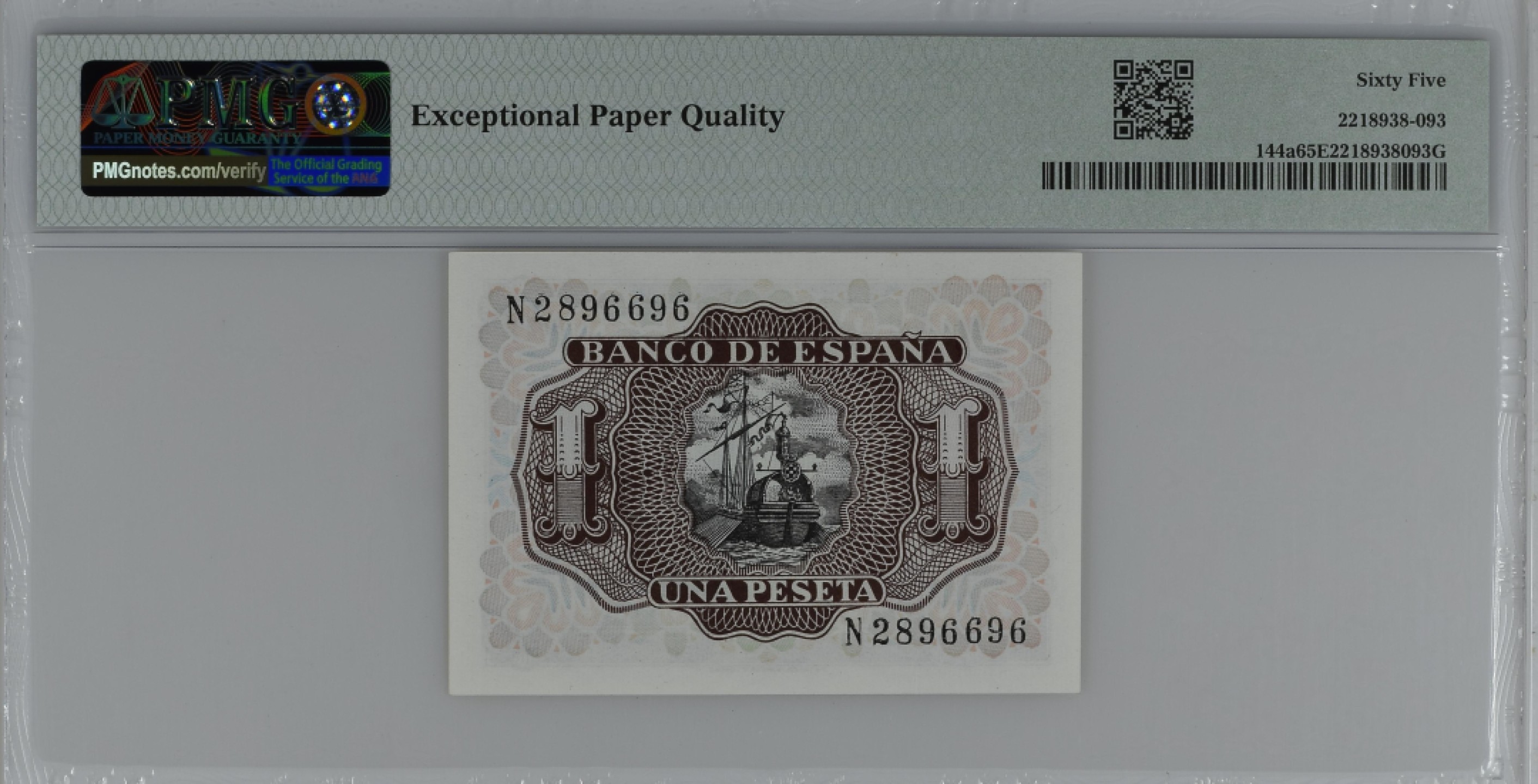 紫瑗钱币——第284期拍卖—纸币团购场 满10件包邮 【65 EPQ】西班牙 1953年  圣克鲁斯侯爵 阿尔瓦罗·德·巴赞 1比塞塔 PMG N2896696