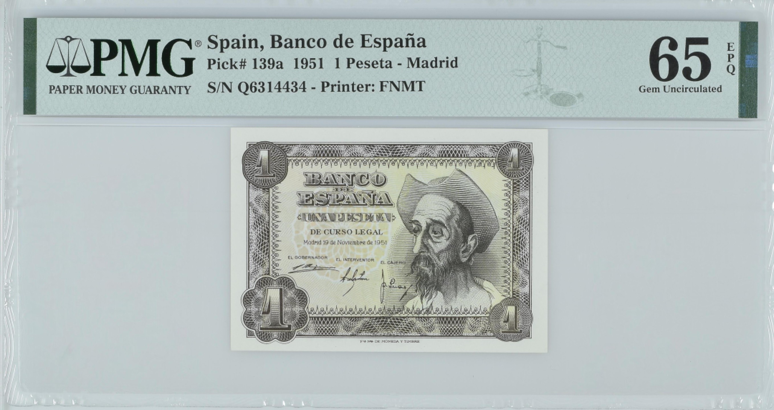 紫瑗钱币——第282期拍卖—纸币团购场（塞尔维亚 西班牙） 满10件包邮 【65 EPQ】西班牙 1951年 唐吉坷德 1比塞塔 PMG (p-139a) Q6314434