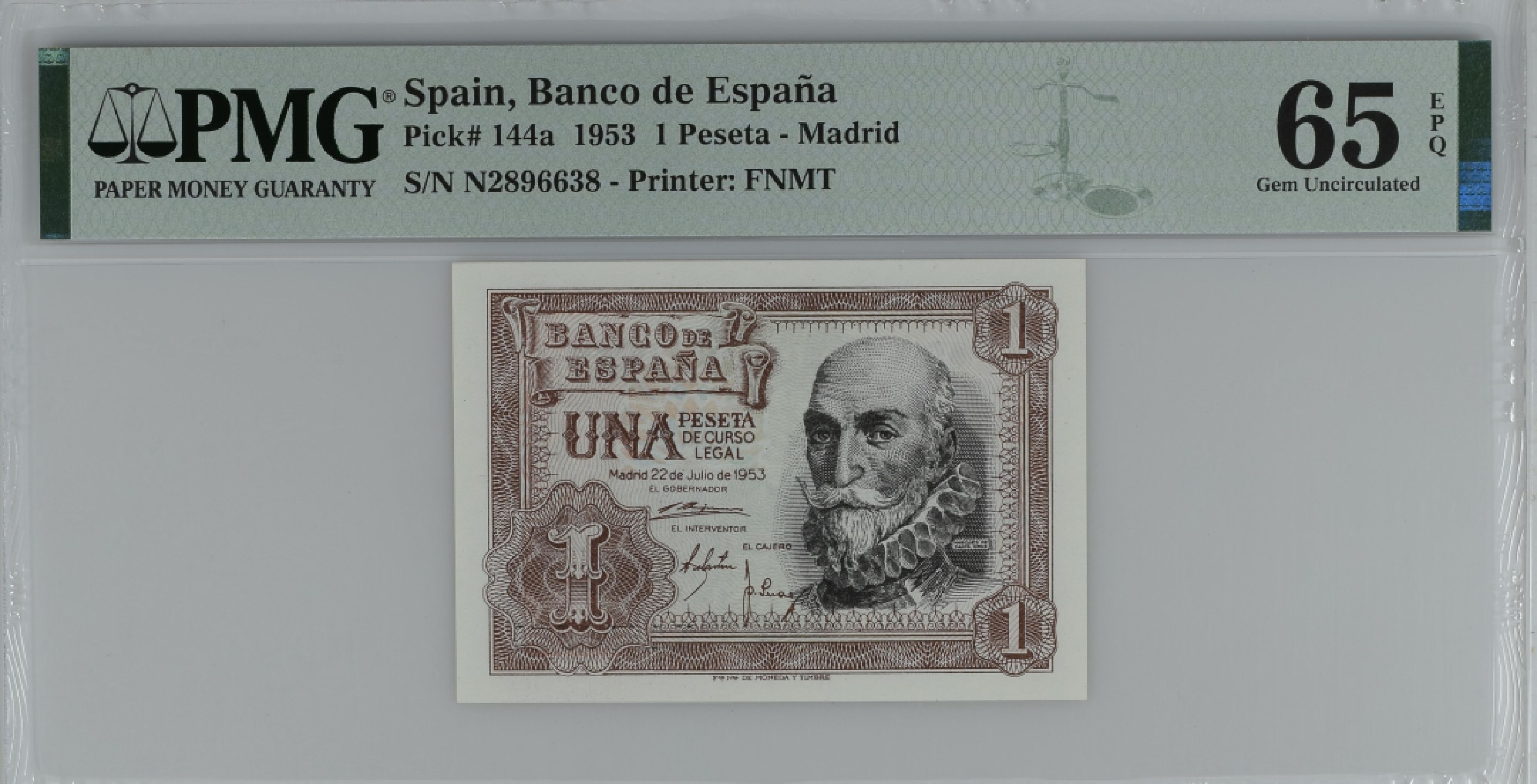紫瑗钱币——第284期拍卖—纸币团购场 满10件包邮 【65 EPQ】西班牙 1953年  圣克鲁斯侯爵 阿尔瓦罗·德·巴赞 1比塞塔 PMG N2896638
