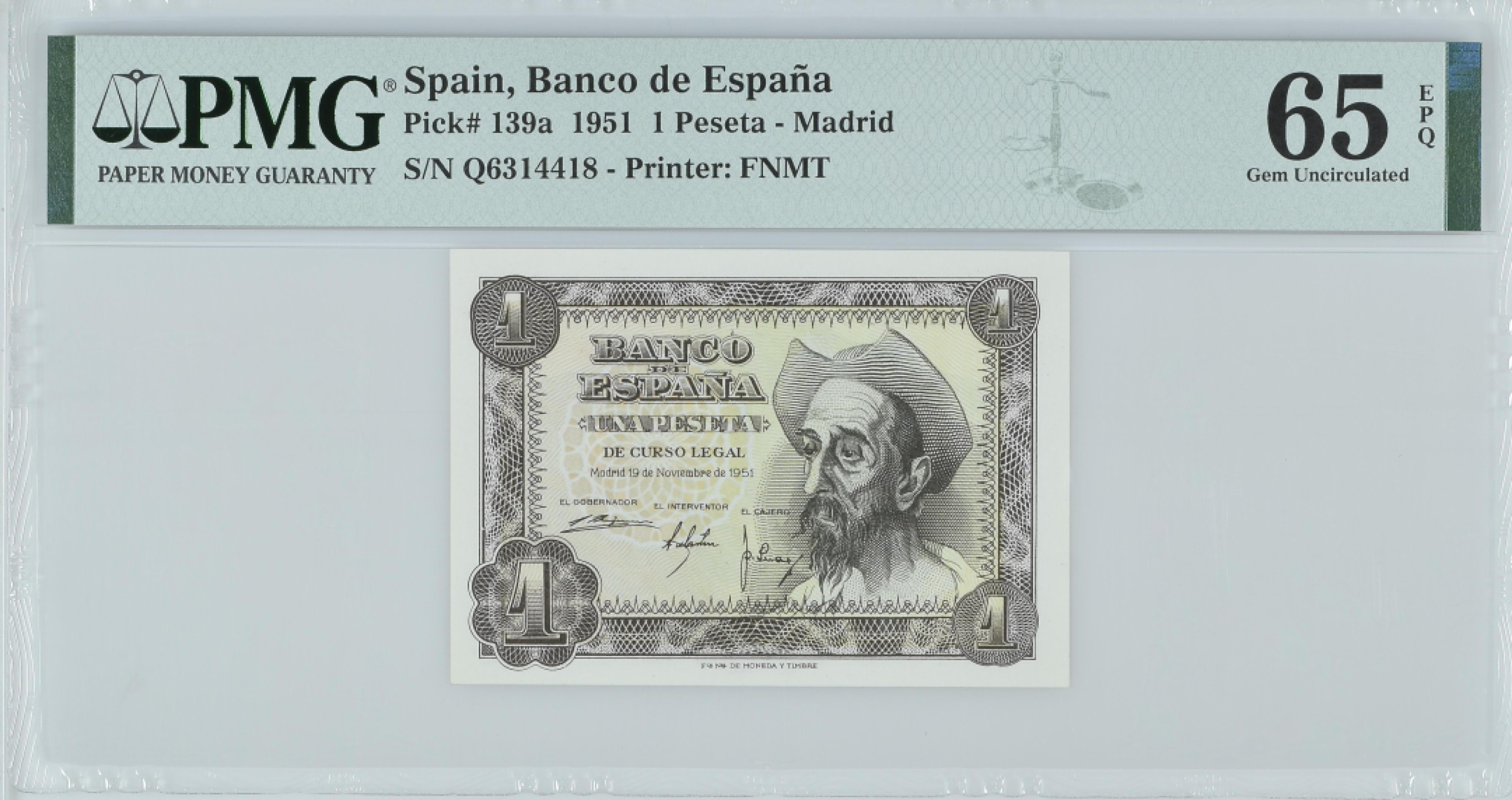 紫瑗钱币——第282期拍卖—纸币团购场（塞尔维亚 西班牙） 满10件包邮 【65 EPQ】西班牙 1951年 唐吉坷德 1比塞塔 PMG (p-139a) Q6314418