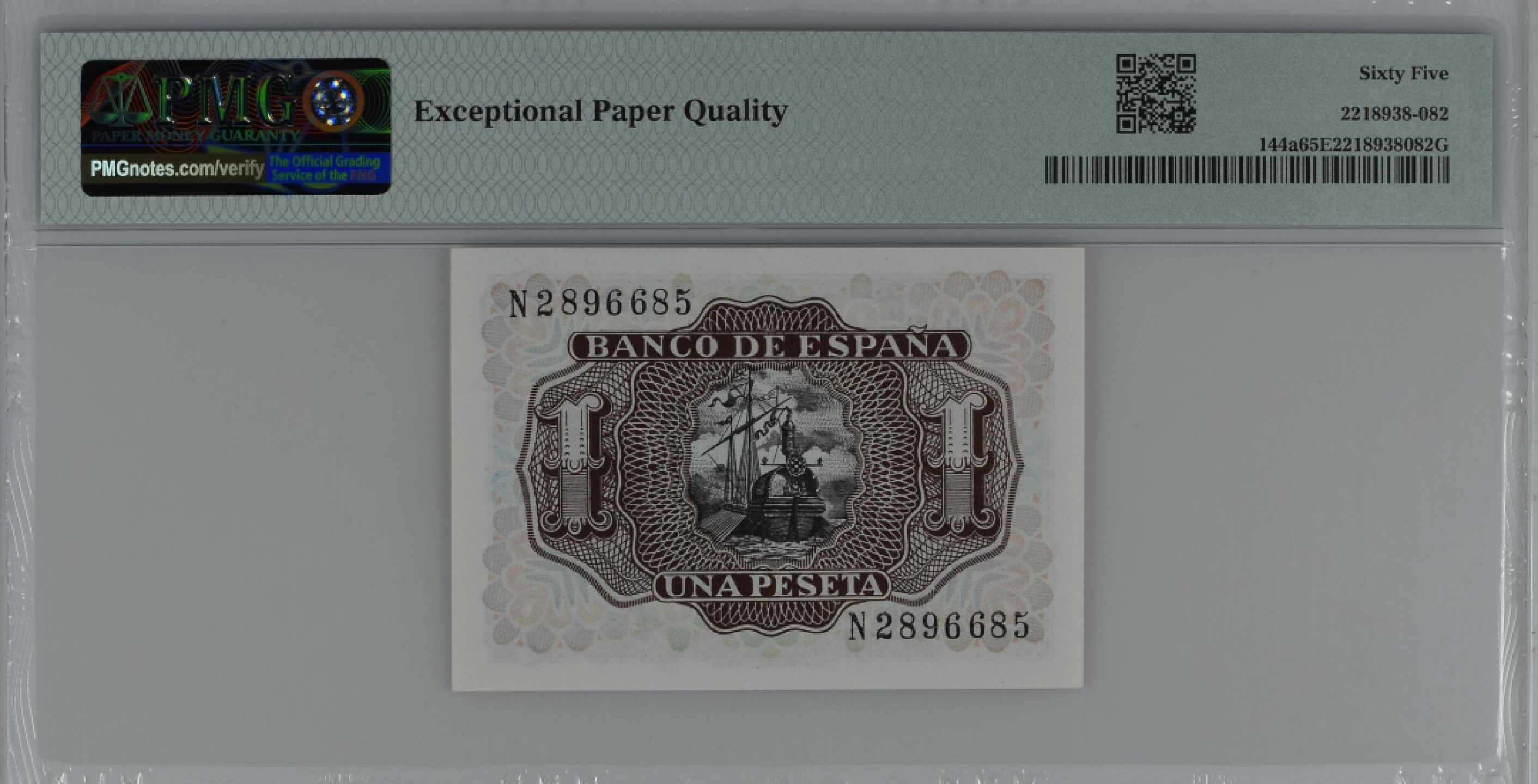 紫瑗钱币——第284期拍卖—纸币团购场 满10件包邮 【65 EPQ】西班牙 1953年  圣克鲁斯侯爵 阿尔瓦罗·德·巴赞 1比塞塔 PMG N2896685