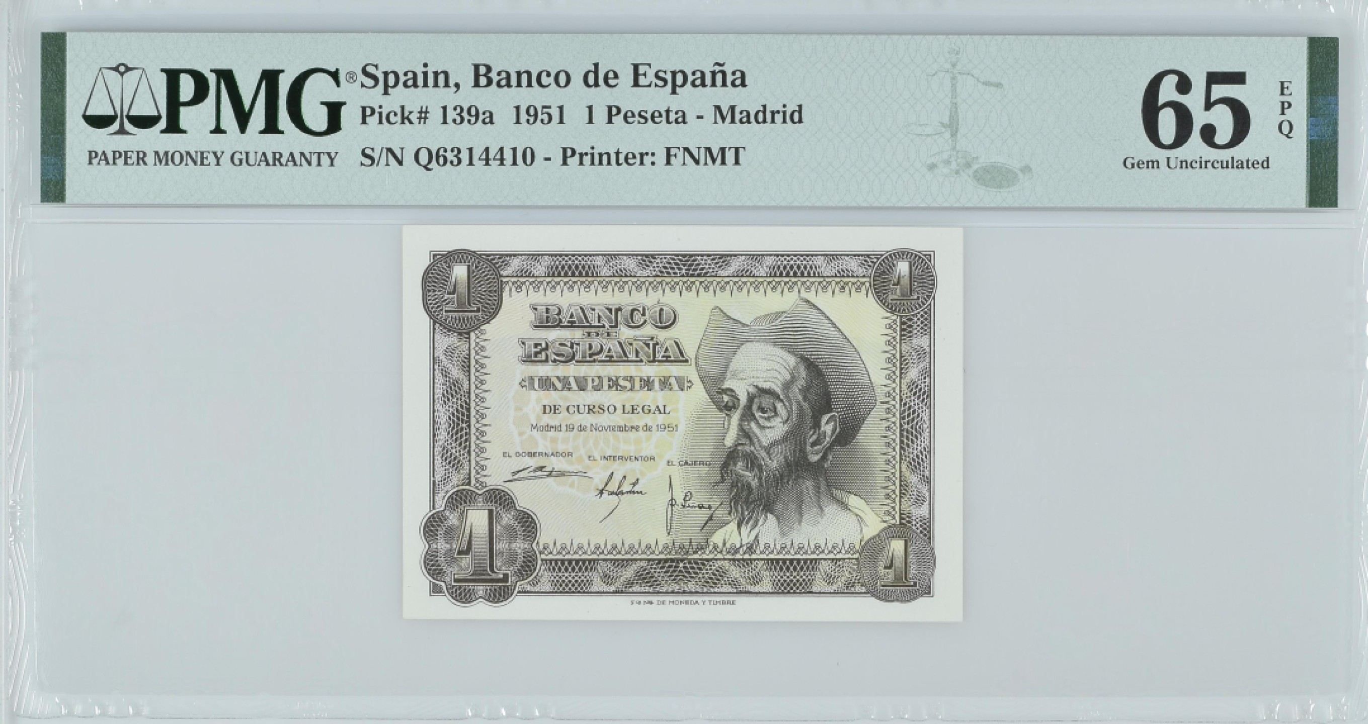 紫瑗钱币——第282期拍卖—纸币团购场（塞尔维亚 西班牙） 满10件包邮 【65 EPQ】西班牙 1951年 唐吉坷德 1比塞塔 PMG (p-139a) Q6314410