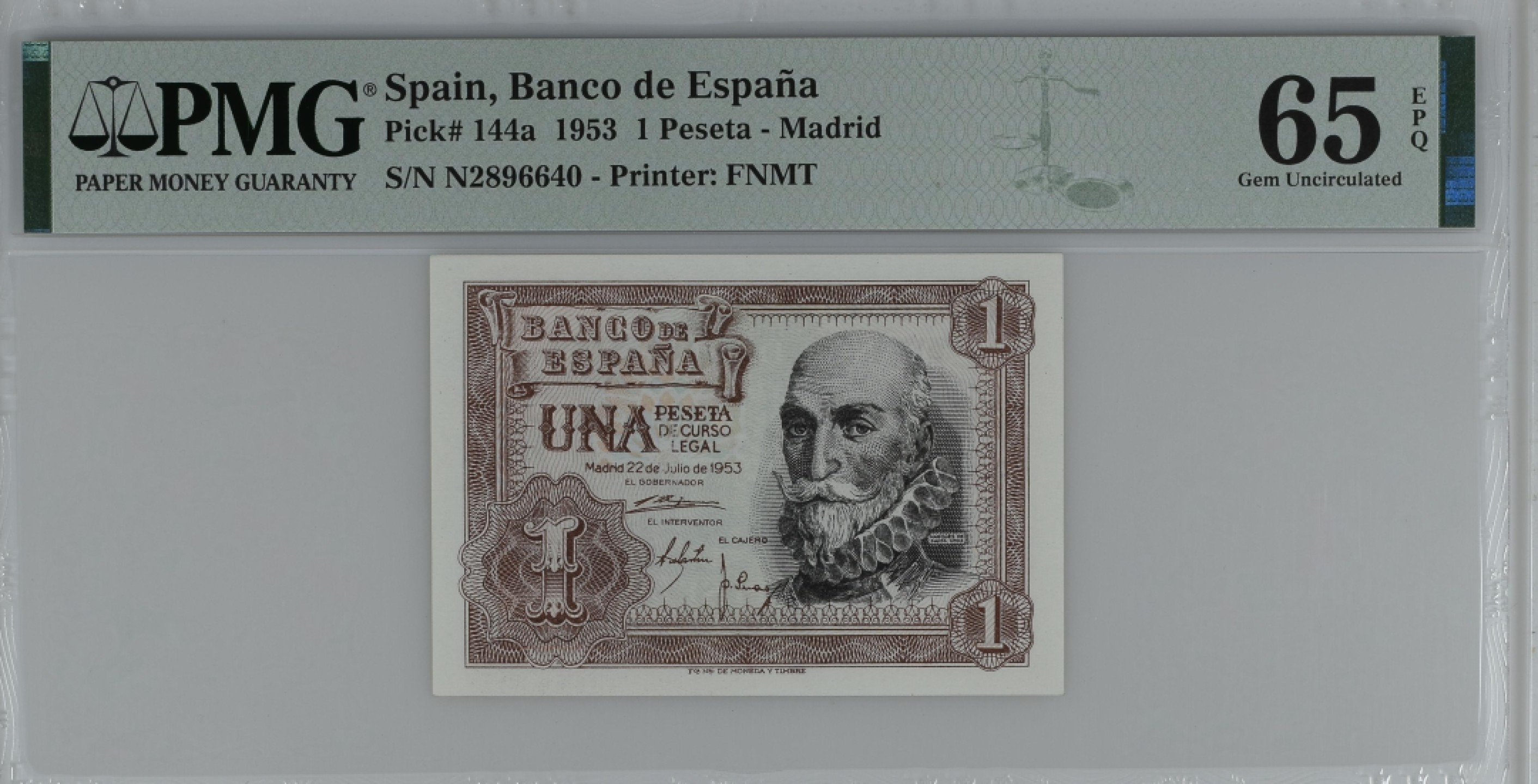 紫瑗钱币——第284期拍卖—纸币团购场 满10件包邮 【65 EPQ】西班牙 1953年  圣克鲁斯侯爵 阿尔瓦罗·德·巴赞 1比塞塔 PMG N2896640