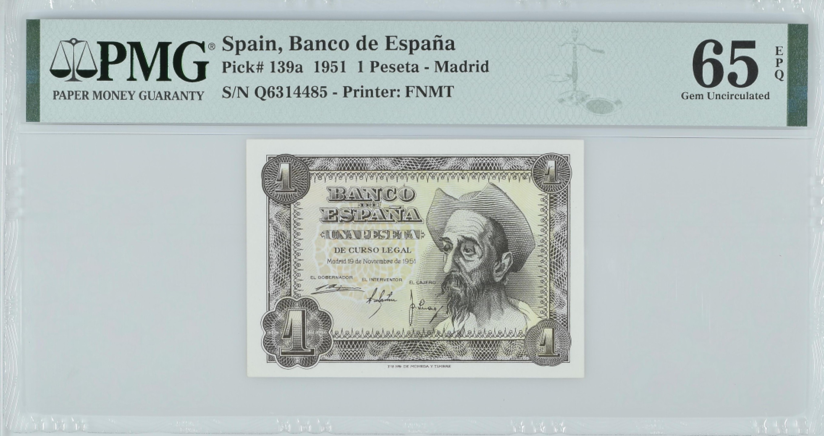 紫瑗钱币——第282期拍卖—纸币团购场（塞尔维亚 西班牙） 满10件包邮 【65 EPQ】西班牙 1951年 唐吉坷德 1比塞塔 PMG (p-139a) Q6314485