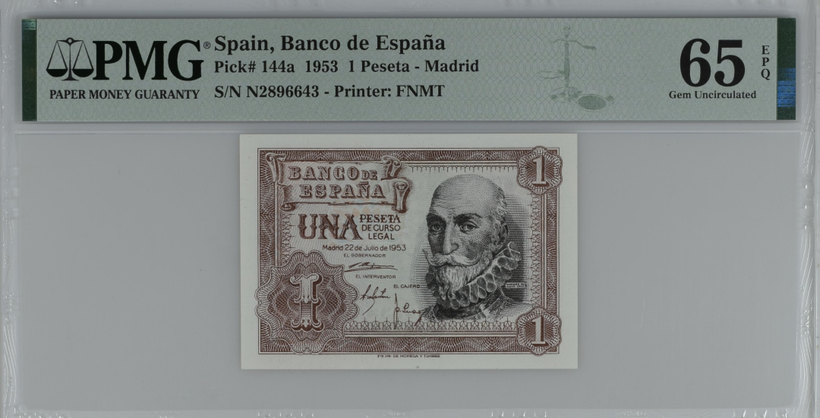 紫瑗钱币——第284期拍卖—纸币团购场 满10件包邮 【65 EPQ】西班牙 1953年  圣克鲁斯侯爵 阿尔瓦罗·德·巴赞 1比塞塔 PMG N2896643